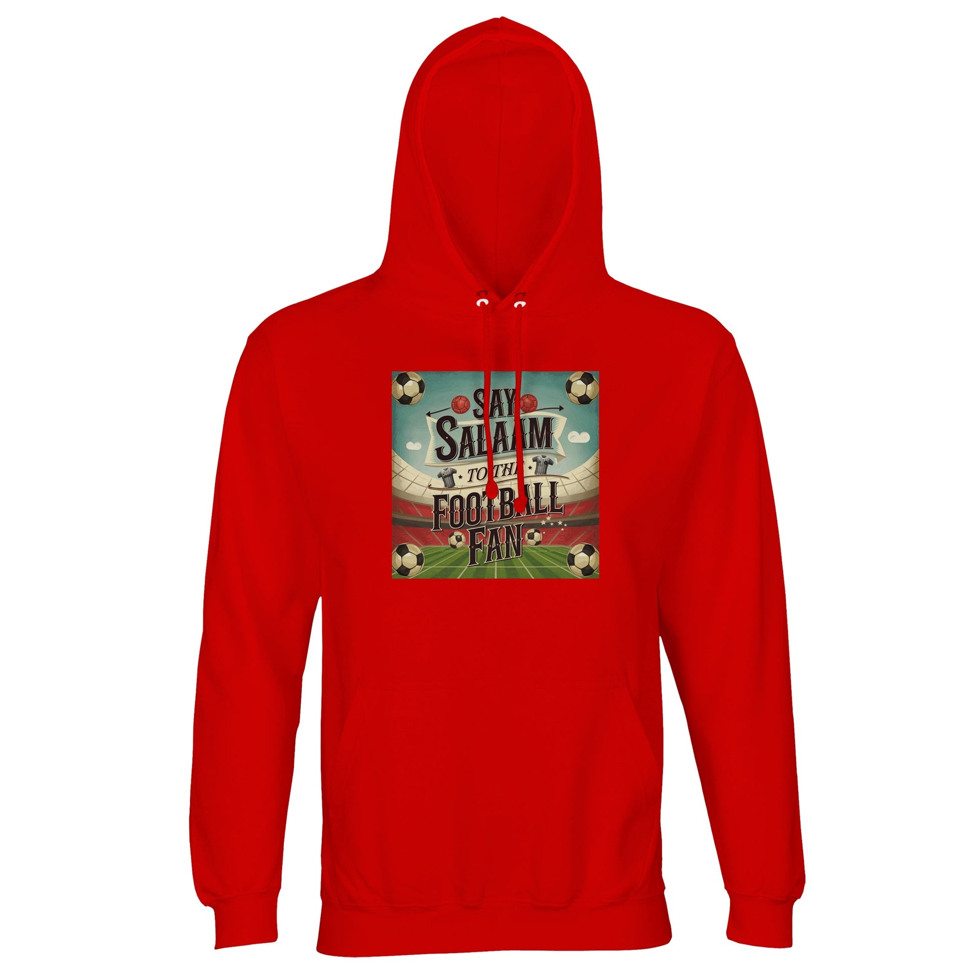 Say Salaam to the Football Fan Design #5 cotton-poly hoodie in Bright Red / Rosso Corsa, built for fans who prefer standout colour on match day. Featuring a stadium-style badge graphic and brushed fleece lining, it offers warmth and comfort for everyday wear, travel, or watching games. Suitable for supporters tracking fixtures, league standings, and club updates. Bold red football hoodie for adults choosing standout club colours and well-priced supporter gear.