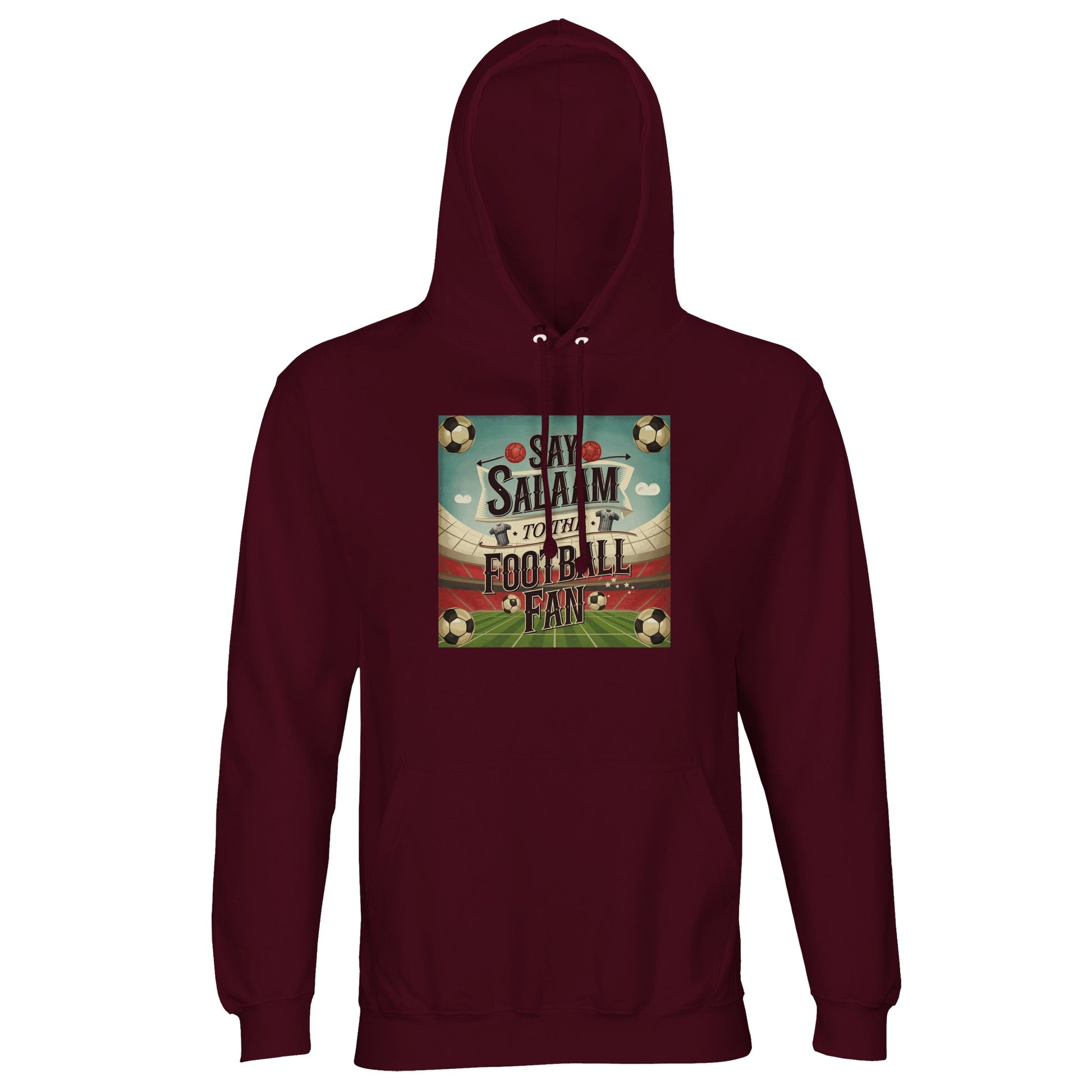 Say Salaam to the Football Fan Design #5 cotton-poly hoodie in Burgundy / Dark Sienna, combining rich tones with football heritage styling. The soft fleece interior provides warmth and comfort for cooler days, making it ideal for matches, casual outings, or home viewing. Designed for fans following fixtures, transfers, and league tables year-round. Rich-tone football hoodie for adults shopping premium-looking club wear at an accessible price.