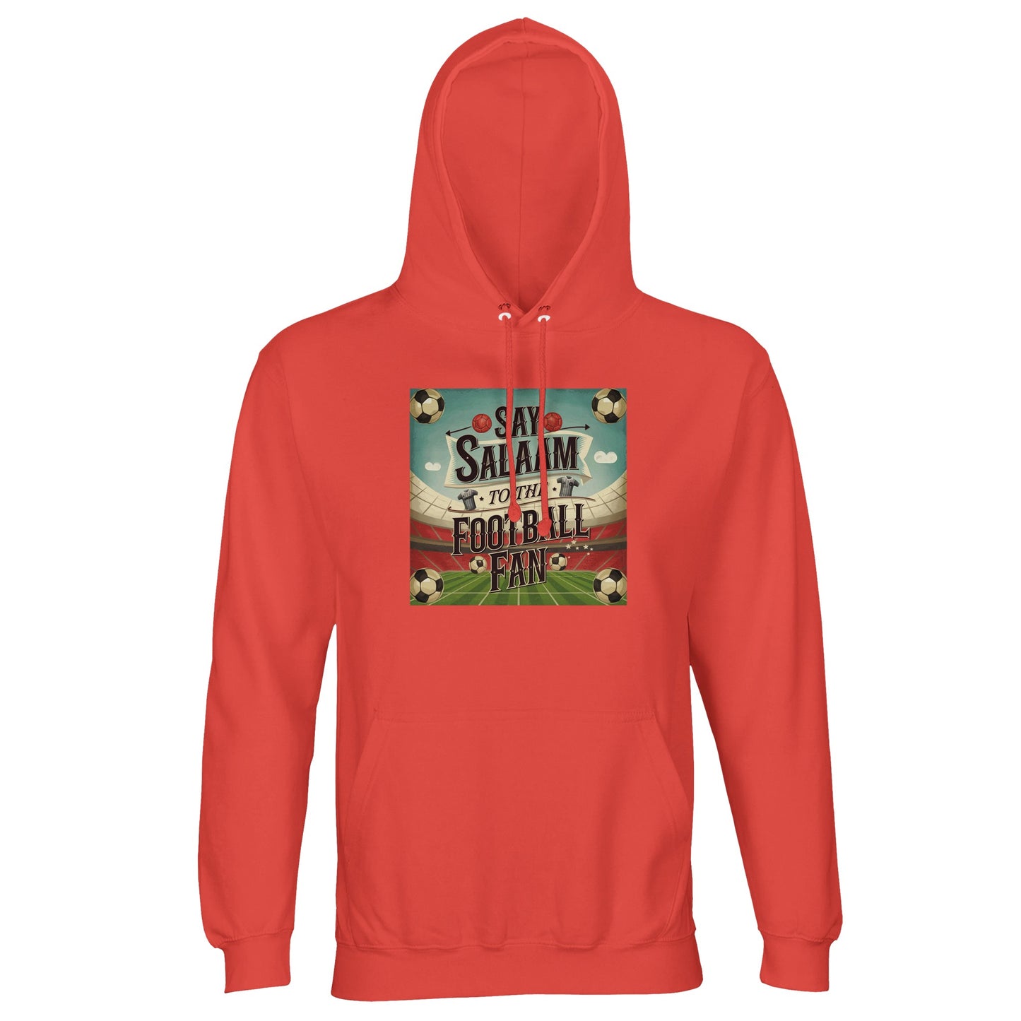 Say Salaam to the Football Fan Design #5 cotton-poly hoodie in Pop Orange, delivering high-visibility colour with a bold stadium-style badge graphic rooted in football supporter culture. Brushed fleece lining adds warmth & comfort for everyday wear, match days or casual streetwear. Designed for fans who follow fixtures, results, league tables, and club updates across seasons, this hoodie pairs standout colour with practical durability. Bright footie hoodie for adults buying eye-catching club wear or gifts.