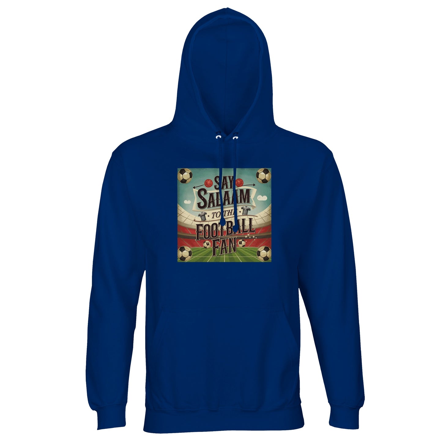 Say Salaam to the Football Fan Design #5 cotton-poly hoodie in Royal Blue / Dark Midnight Blue, combining bold colour with a stadium-inspired football badge graphic. Soft brushed fleece provides warmth for cooler days, whether worn to matches, while travelling, or as casual streetwear. Designed for comfort and durability, it suits supporters following league tables, fixtures, and club news across domestic and international competitions. Royal blue football hoodie for adults choosing bold club colours.