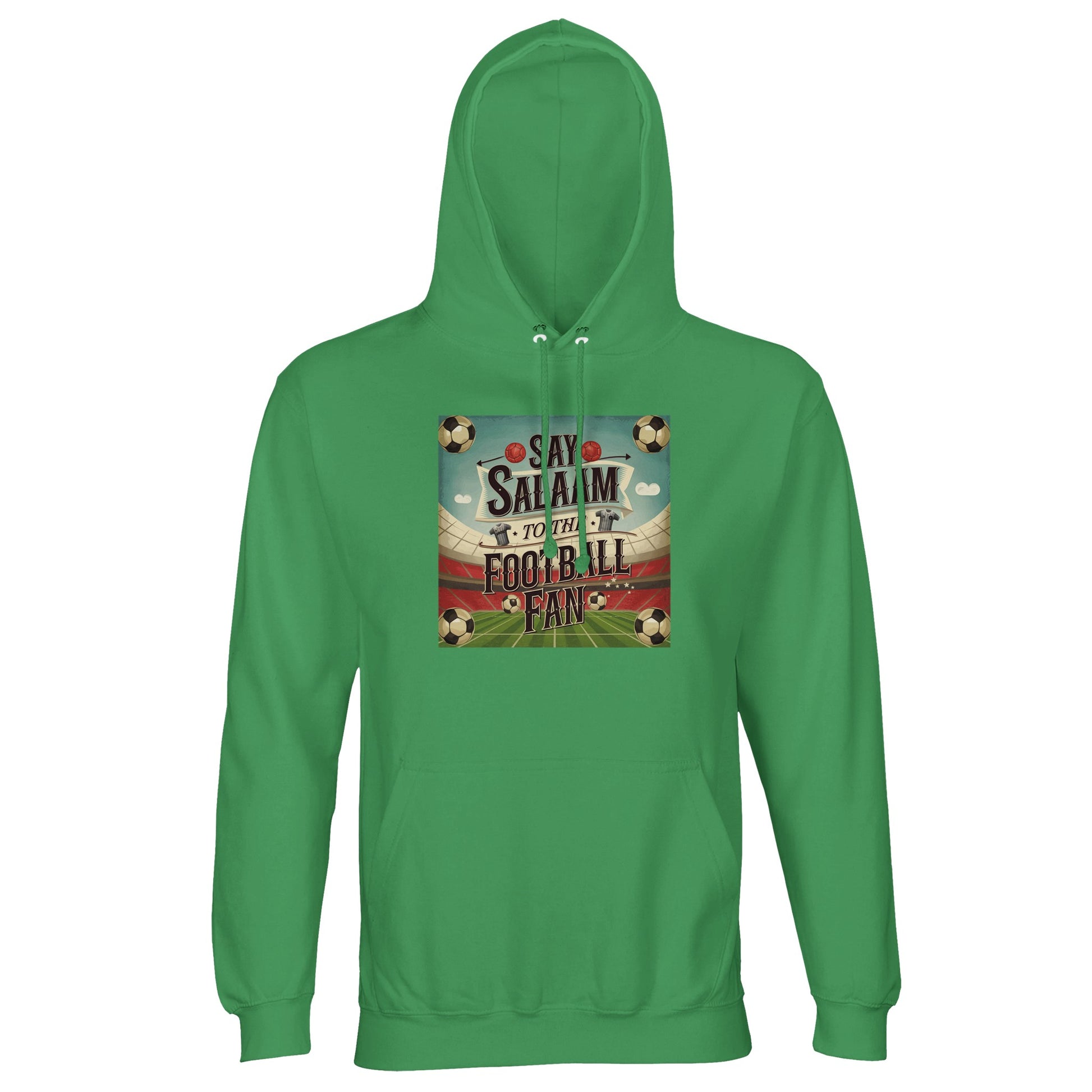 Say Salaam to the Football Fan Design #5 cotton-poly hoodie in Spring Green / Sea Green / Eucalyptus, offering a fresh colourway with classic football badge artwork. Brushed fleece warmth makes it suitable for cooler days, training sessions, or relaxed everyday wear. Designed for supporters who follow fixtures, tables, and football highlights while favouring modern tones. Fresh green football hoodie for adults buying modern fanwear, casual club clothing, and gifts.