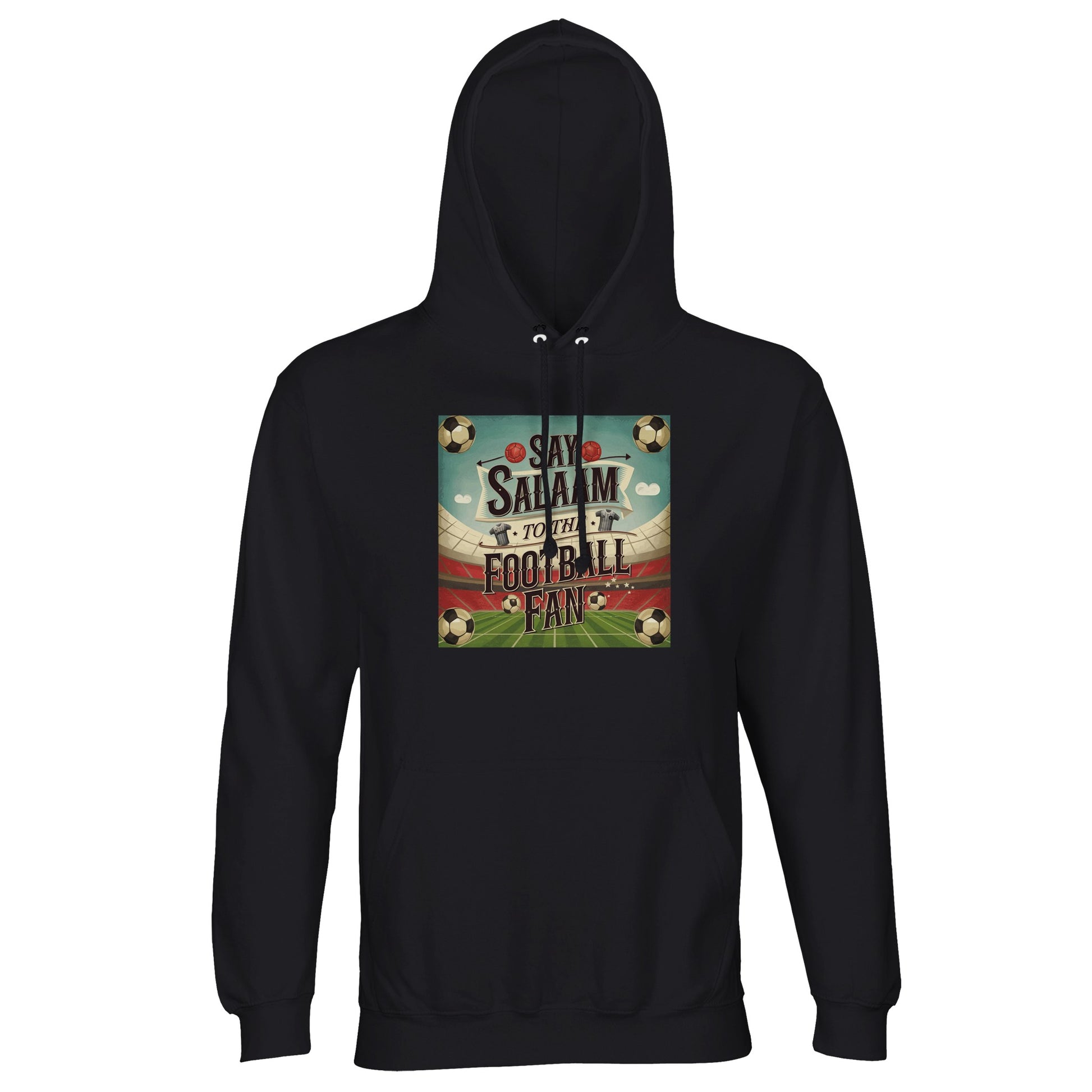 Say Salaam to the Football Fan Design #5 part-recycled unisex cotton-poly hoodie in Deep Black / Zeus, with a vintage stadium badge graphic for football supporters. Brushed-fleece warmth and a lined hood make modest streetwear for winter walks, training, and match days, whether in the stands or streaming. Ideal football gift for Muslim fans – after prayers, following VAR, EPL, UCL and Saudi League fixtures from suhoor to full time. Well-priced, durable comfort for men and women, relaxed fit, soft feel.