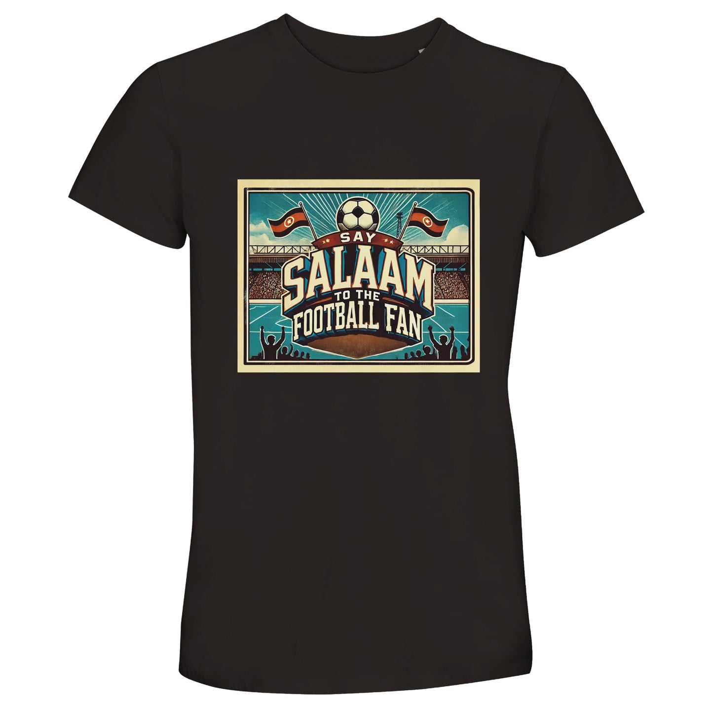Say Salaam to the Football Fan Design #7 unisex cotton T-shirt in Deep Black / Zeus, showcasing a bold vintage football artwork with high-contrast Salaam typography. Made from 100% cotton with 50% recycled content, this well-priced short-sleeve crew neck tee is durable, breathable, and easy to style for match days or everyday. Ideal for Muslim football supporters, kids, teens, and adults who favour darker tones, it suits stadium trips, training days, or casual wear. A strong, modest footie T-shirt.