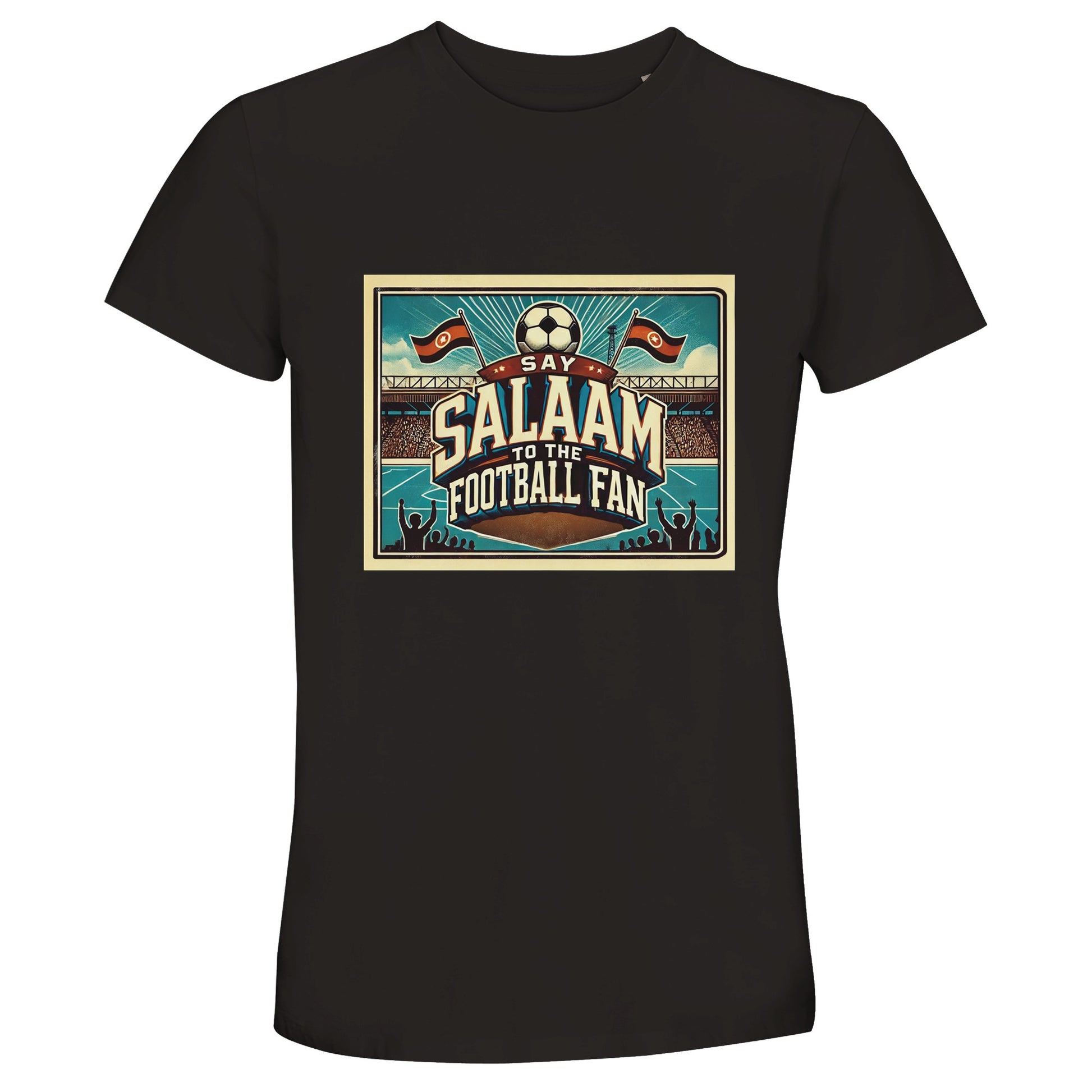 Say Salaam to the Football Fan Design #7 unisex cotton T-shirt in Deep Black / Zeus, showcasing a bold vintage football artwork with high-contrast Salaam typography. Made from 100% cotton with 50% recycled content, this well-priced short-sleeve crew neck tee is durable, breathable, and easy to style for match days or everyday. Ideal for Muslim football supporters, kids, teens, and adults who favour darker tones, it suits stadium trips, training days, or casual wear. A strong, modest footie T-shirt.