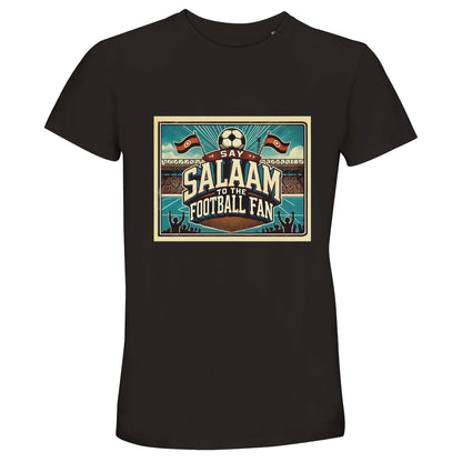 Say Salaam to the Football Fan Design #7 unisex cotton T-shirt in Deep Black / Zeus, showcasing a bold vintage football artwork with high-contrast Salaam typography. Made from 100% cotton with 50% recycled content, this well-priced short-sleeve crew neck tee is durable, breathable, and easy to style for match days or everyday. Ideal for Muslim football supporters, kids, teens, and adults who favour darker tones, it suits stadium trips, training days, or casual wear. A strong, modest footie T-shirt.
