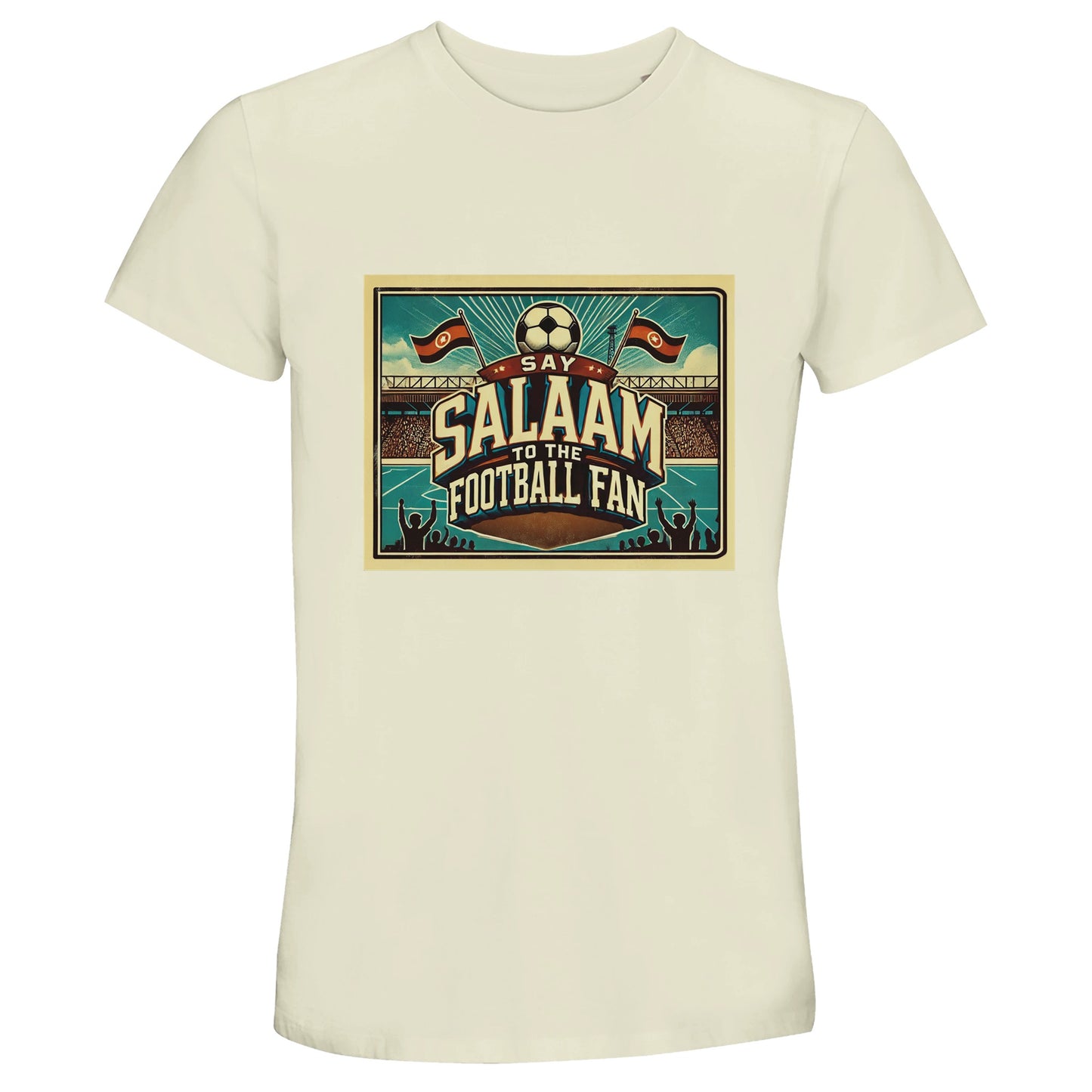 Say Salaam to the Football Fan Design #7 unisex cotton T-shirt in Natural / Moon Mist / Satin Linen / Beige, printed with a retro football crowd illustration and classic Salaam message. Crafted from 100% cotton using 50% recycled cotton, this affordable short-sleeve crew neck tee offers a durable, soft, natural feel ideal for warm days, layering, or everyday modest wear. Popular with Muslim football fans, kids, and adults who prefer neutral tones, it works for school, travel, and match viewing.