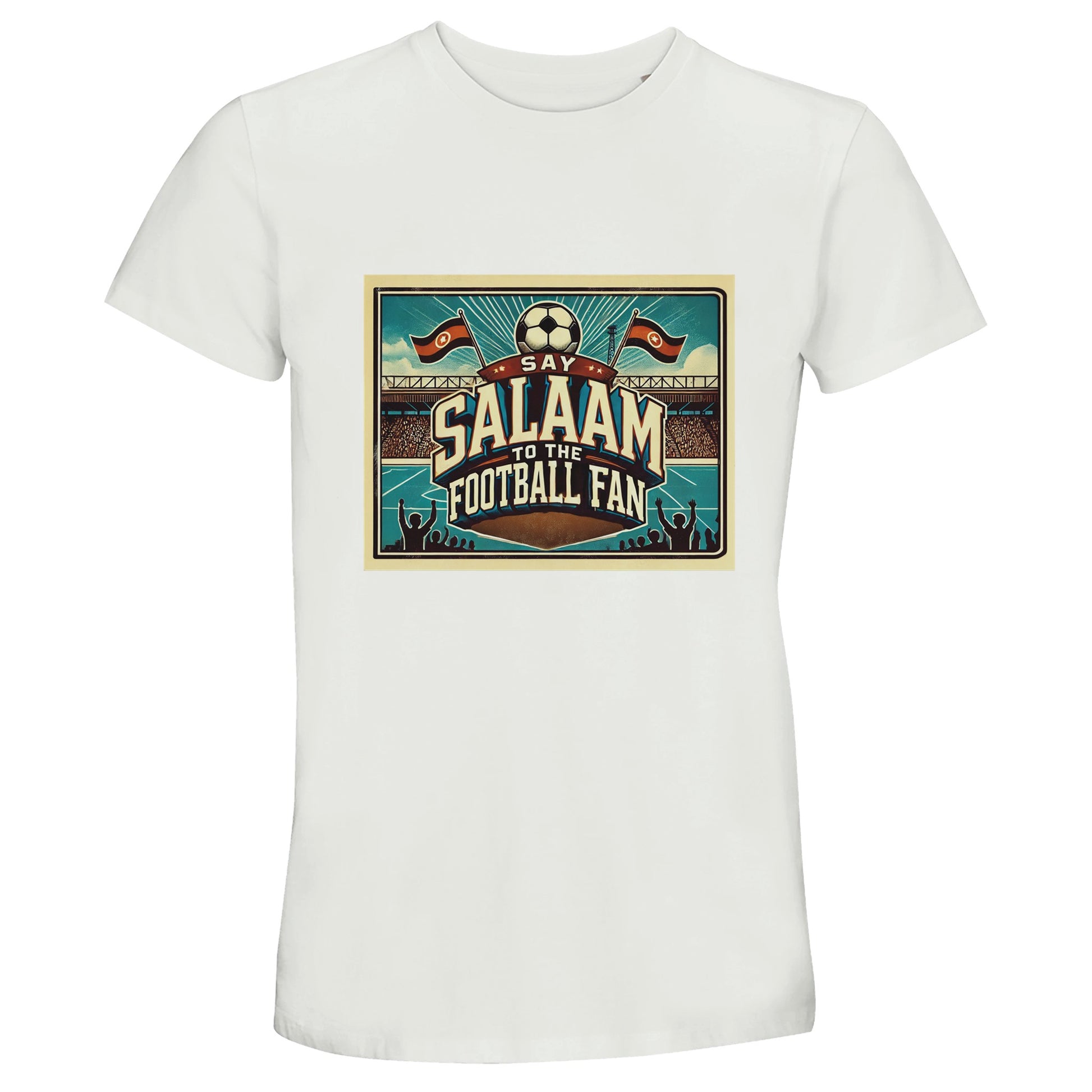 Say Salaam to the Football Fan Design #7 unisex cotton T-shirt in White / Platinum, featuring a vintage stadium-inspired football graphic with bold Salaam lettering. Made from 100% cotton with 50% recycled fibres, this short-sleeve crew neck tee is lightweight, breathable, and well-priced for everyday wear. Designed for match days, training sessions, and casual streetwear, it suits Muslim football fans, kids, teens, and adults alike. A comfortable, modest football T-shirt that pairs with jeans or joggers.