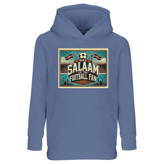 Blue / Marble Blue / Blue-Grey / Waikawa Grey kids hoodie featuring the Say Salaam to the Football Fan Design #7, with classic stadium illustration, bold block text and cheering crowd imagery. Made from a recycled cotton-polyester blend with a soft brushed fleece interior, this affordable hoodie keeps young fans warm and comfortable. Ideal for school, football training, match viewing or everyday wear, it suits boys and girls aged 4-14 and delivers practical, modest football streetwear with lasting quality.