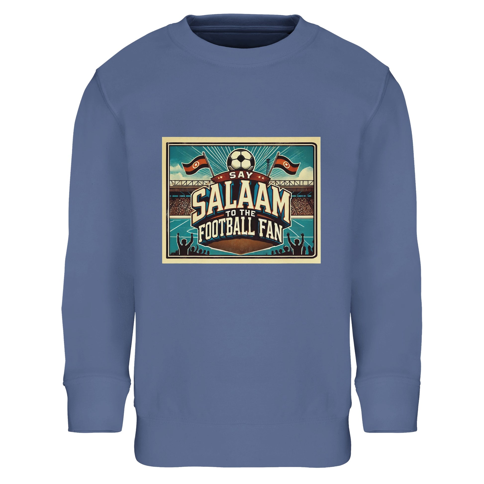 Say Salaam to the Football Fan Design #7 kids sweatshirt in Blue / Marble Blue / Blue-Grey / Waikawa Grey, showcasing a vintage football stadium design with flags, pitch detail and bold lettering. Crafted from a cotton and recycled polyester blend, this cosy sweatshirt suits school routines, playground football and match-night viewing. A modest, well-priced kids football sweatshirt for ages 4–14, offering soft comfort, durability and affordable everyday wear.