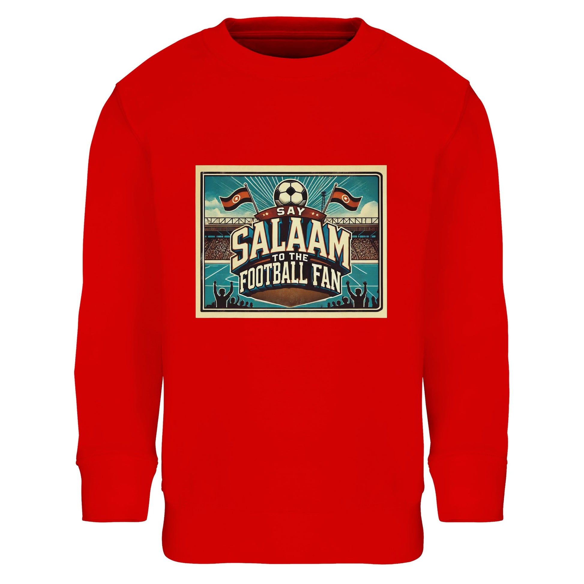 Say Salaam to the Football Fan Design #7 kids sweatshirt in Bright Red / Rosso Corsa, combining bold colour with a vintage stadium illustration inspired by match-day passion and crowd energy. Made from a cotton and recycled polyester blend, this sweatshirt works for school, play and football viewing at home. A modest, affordable football sweatshirt for boys and girls aged 4–14, delivering durable comfort and well-priced everyday fanwear.
