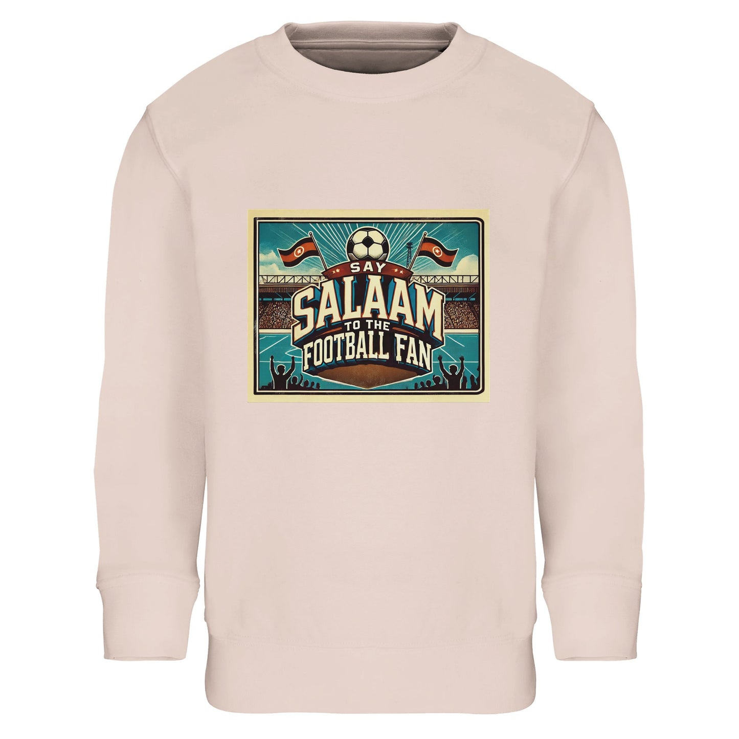 Say Salaam to the Football Fan Design #7 kids sweatshirt in Creamy Pink / Oyster Pink, pairing soft colour with a vintage football stadium illustration and bold fan lettering. Crafted from a cotton and recycled polyester blend, this sweatshirt offers warmth and everyday comfort for streaming all the EPL games. A modest, well-priced kids football sweatshirt for ages 4–14, delivering durable fabric, easy care and affordable football-inspired wear.