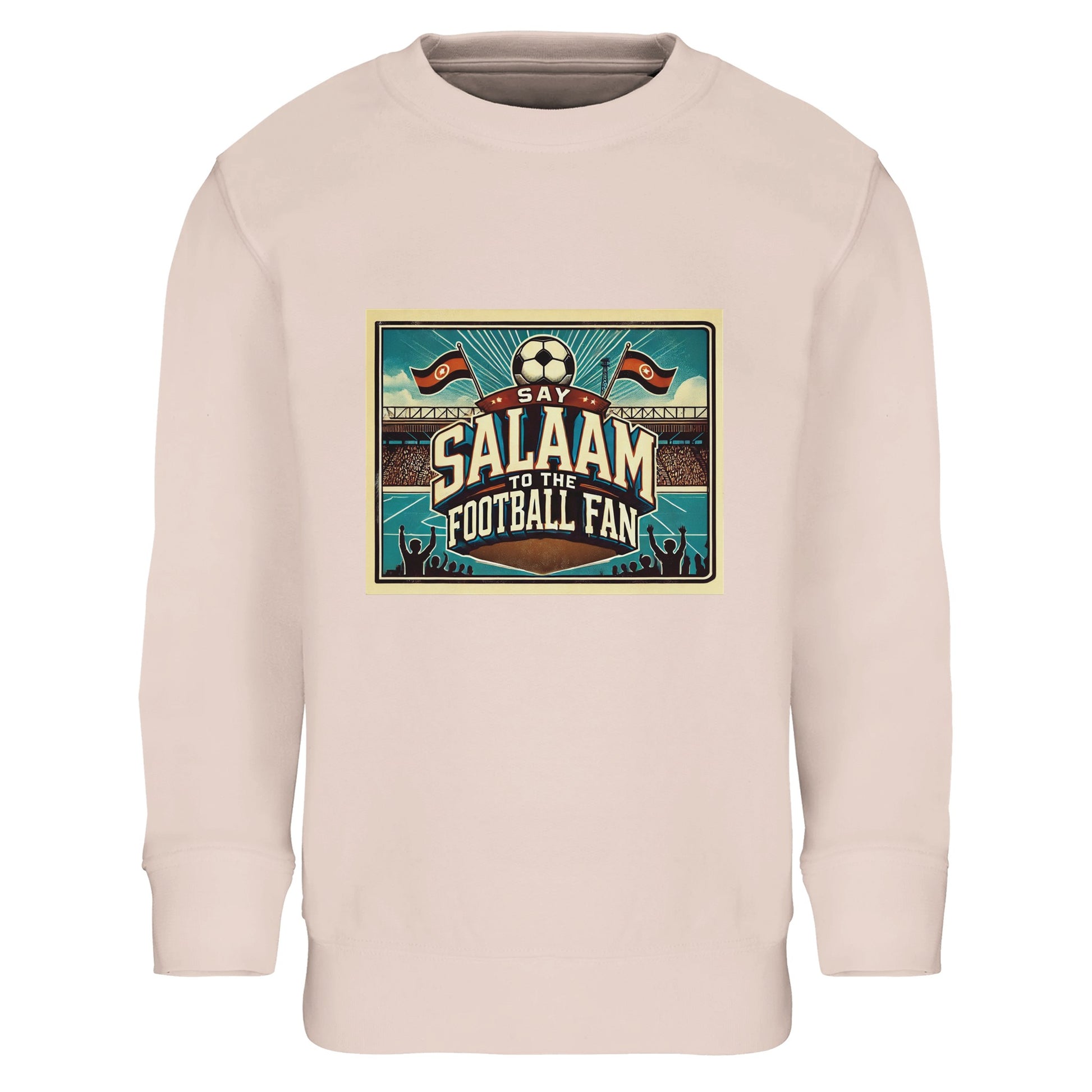 Say Salaam to the Football Fan Design #7 kids sweatshirt in Creamy Pink / Oyster Pink, pairing soft colour with a vintage football stadium illustration and bold fan lettering. Crafted from a cotton and recycled polyester blend, this sweatshirt offers warmth and everyday comfort for streaming all the EPL games. A modest, well-priced kids football sweatshirt for ages 4–14, delivering durable fabric, easy care and affordable football-inspired wear.