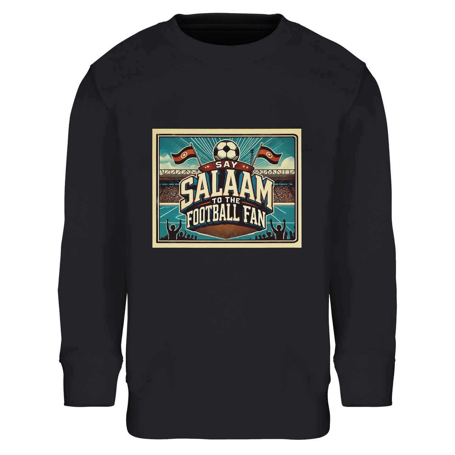 Say Salaam to the Football Fan Design #7 kids sweatshirt in Deep Black / Zeus, printed with a retro stadium illustration featuring waving flags, packed terraces and bold football lettering. Crafted from a warm cotton and recycled polyester blend, this sweatshirt is ideal for school, casual wear, match days and evening games at home. A modest, well-priced kids football sweatshirt for ages 4–14, offering durable fabric, comfortable fit and an affordable way to show football pride with Salaam.
