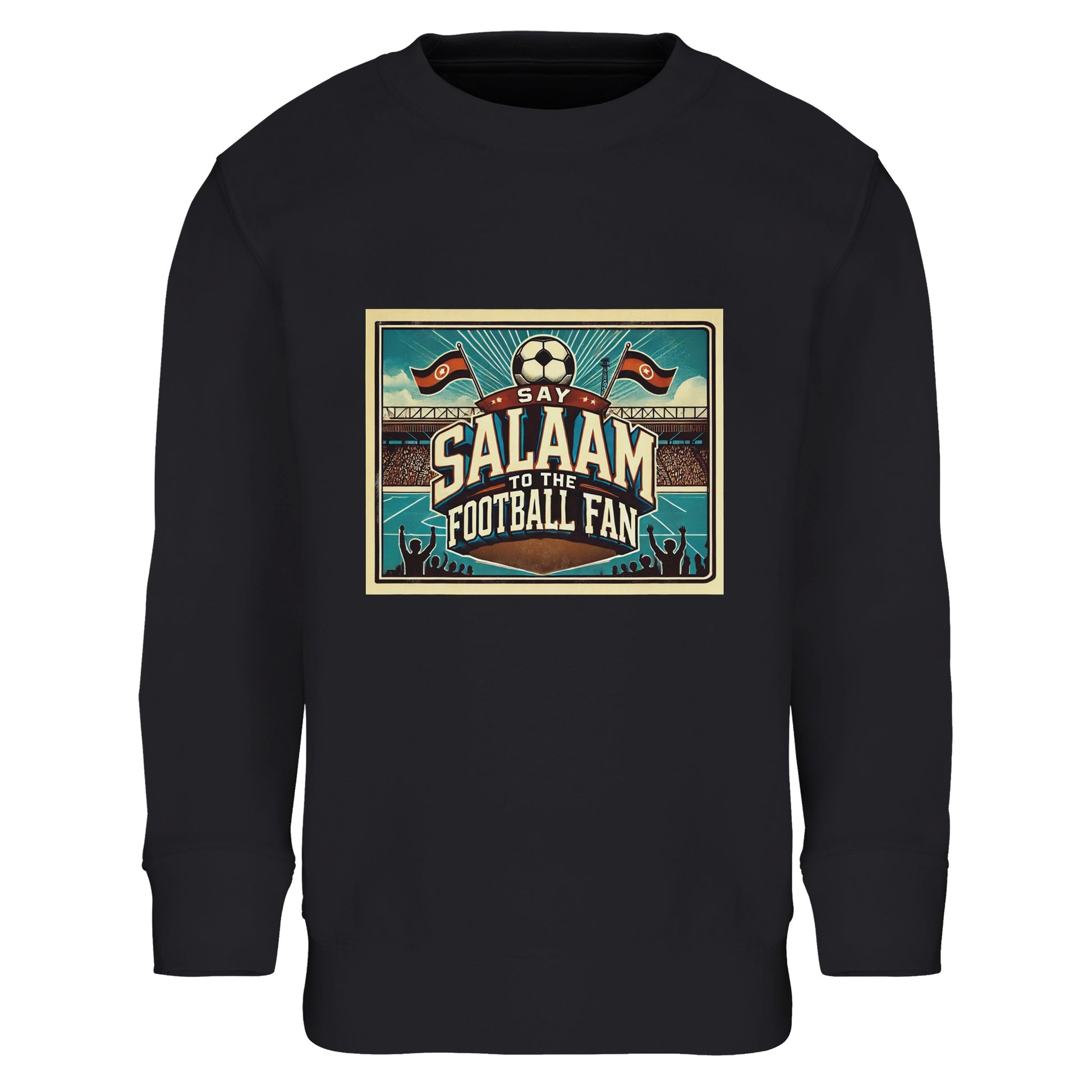 Say Salaam to the Football Fan Design #7 kids sweatshirt in Deep Black / Zeus, printed with a retro stadium illustration featuring waving flags, packed terraces and bold football lettering. Crafted from a warm cotton and recycled polyester blend, this sweatshirt is ideal for school, casual wear, match days and evening games at home. A modest, well-priced kids football sweatshirt for ages 4–14, offering durable fabric, comfortable fit and an affordable way to show football pride with Salaam.