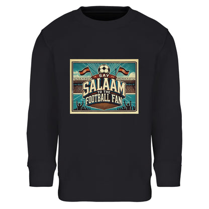 Say Salaam to the Football Fan Design #7 kids sweatshirt in Deep Black / Zeus, printed with a retro stadium illustration featuring waving flags, packed terraces and bold football lettering. Crafted from a warm cotton and recycled polyester blend, this sweatshirt is ideal for school, casual wear, match days and evening games at home. A modest, well-priced kids football sweatshirt for ages 4–14, offering durable fabric, comfortable fit and an affordable way to show football pride with Salaam.