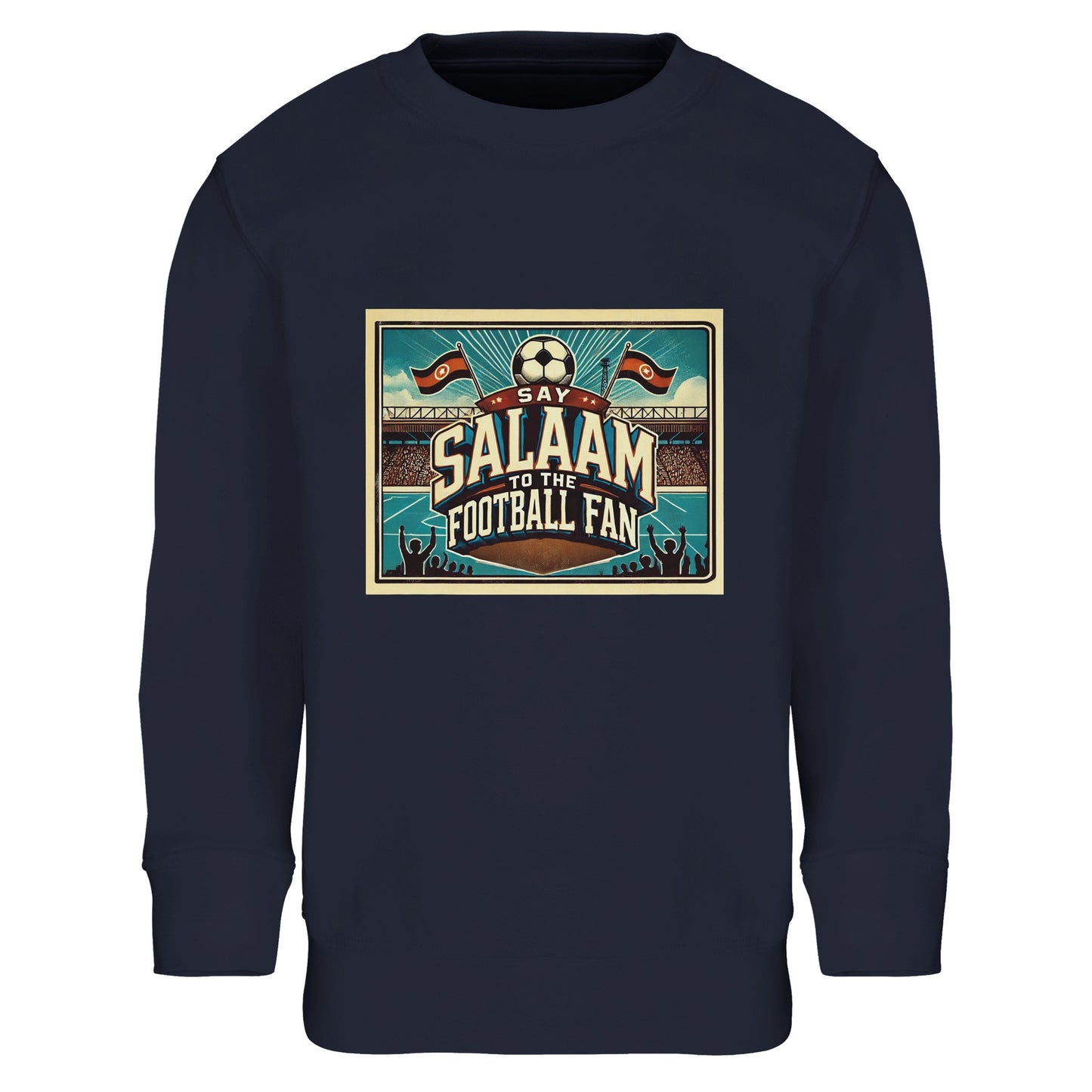 Say Salaam to the Football Fan Design #7 kids sweatshirt in French Navy / Ebony Clay, designed with a classic stadium illustration celebrating football culture and terrace tradition. Made from a soft cotton and recycled polyester blend, this sweatshirt keeps kids comfortable during school, weekends and football evenings. A modest, affordable football sweatshirt for boys and girls aged 4–14, combining durable fabric, easy care and well-priced everyday fanwear.