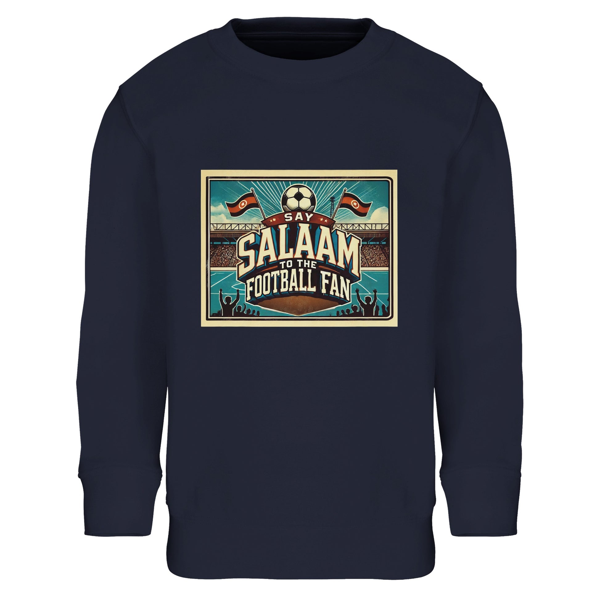 Say Salaam to the Football Fan Design #7 kids sweatshirt in French Navy / Ebony Clay, designed with a classic stadium illustration celebrating football culture and terrace tradition. Made from a soft cotton and recycled polyester blend, this sweatshirt keeps kids comfortable during school, weekends and football evenings. A modest, affordable football sweatshirt for boys and girls aged 4–14, combining durable fabric, easy care and well-priced everyday fanwear.
