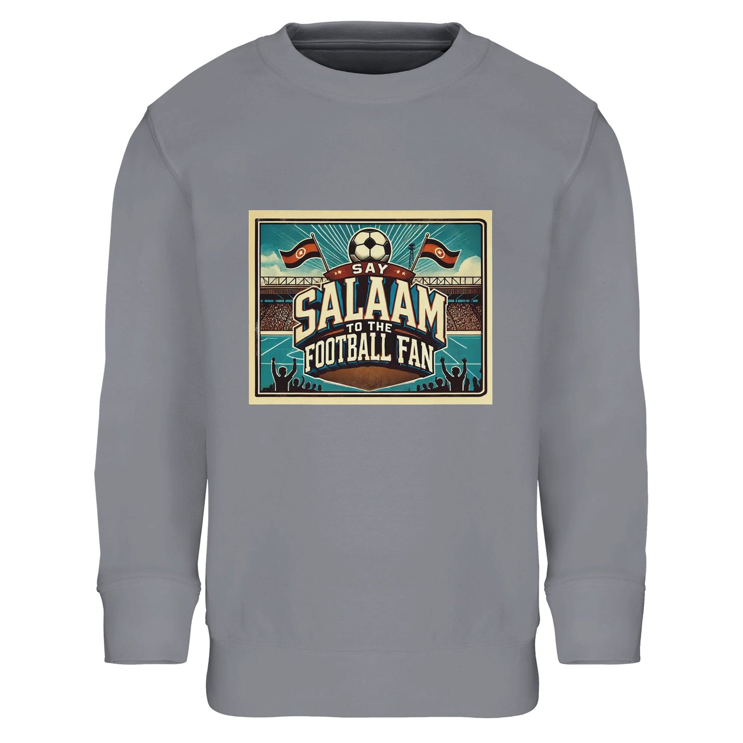 Say Salaam to the Football Fan Design #7 kids sweatshirt in Grey Melange / Heather Grey / Marl Grey / Classic Athletic Grey Blend, featuring a retro football stadium graphic with crowd detail and bold fan lettering. Produced from a cotton and recycled polyester blend, this sweatshirt suits school days, casual wear and match nights. A modest, well-priced kids football sweatshirt for ages 4–14, offering everyday comfort, durability and affordable football-inspired style.