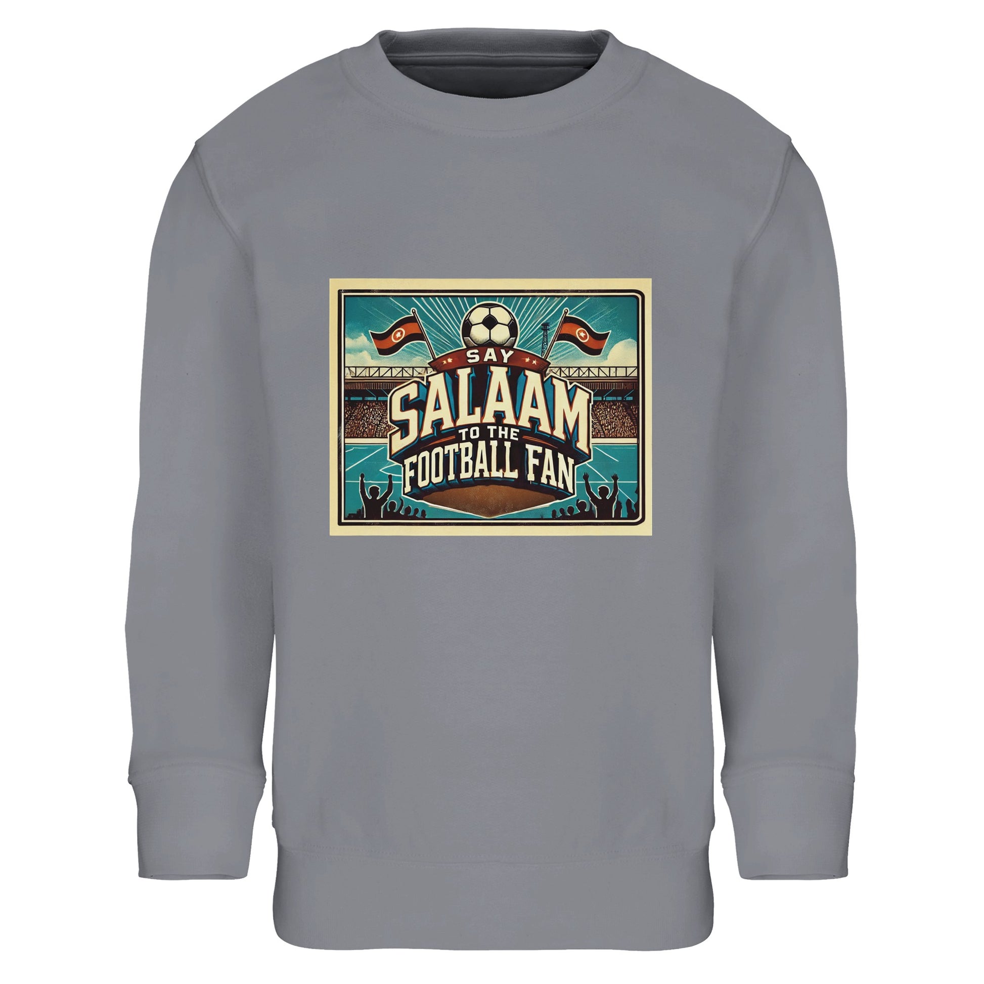 Say Salaam to the Football Fan Design #7 kids sweatshirt in Grey Melange / Heather Grey / Marl Grey / Classic Athletic Grey Blend, featuring a retro football stadium graphic with crowd detail and bold fan lettering. Produced from a cotton and recycled polyester blend, this sweatshirt suits school days, casual wear and match nights. A modest, well-priced kids football sweatshirt for ages 4–14, offering everyday comfort, durability and affordable football-inspired style.