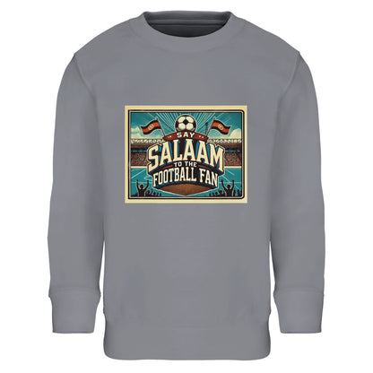 Say Salaam to the Football Fan Design #7 kids sweatshirt in Grey Melange / Heather Grey / Marl Grey / Classic Athletic Grey Blend, featuring a retro football stadium graphic with crowd detail and bold fan lettering. Produced from a cotton and recycled polyester blend, this sweatshirt suits school days, casual wear and match nights. A modest, well-priced kids football sweatshirt for ages 4–14, offering everyday comfort, durability and affordable football-inspired style.