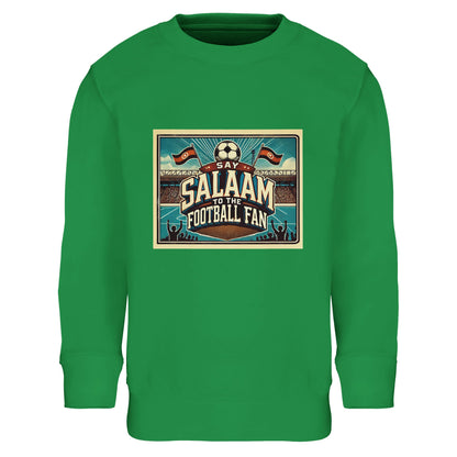 Say Salaam to the Football Fan Design #7 kids sweatshirt in Kelly Green / Spring Green / Sea Green / Eucalyptus, inspired by pitch-side colour and classic football stadium scenes. Made from a cotton and recycled polyester blend, this cosy sweatshirt suits school, casual wear and watching football at home. A modest, affordable football sweatshirt for boys and girls aged 4–14, combining durable comfort with well-priced fan style.