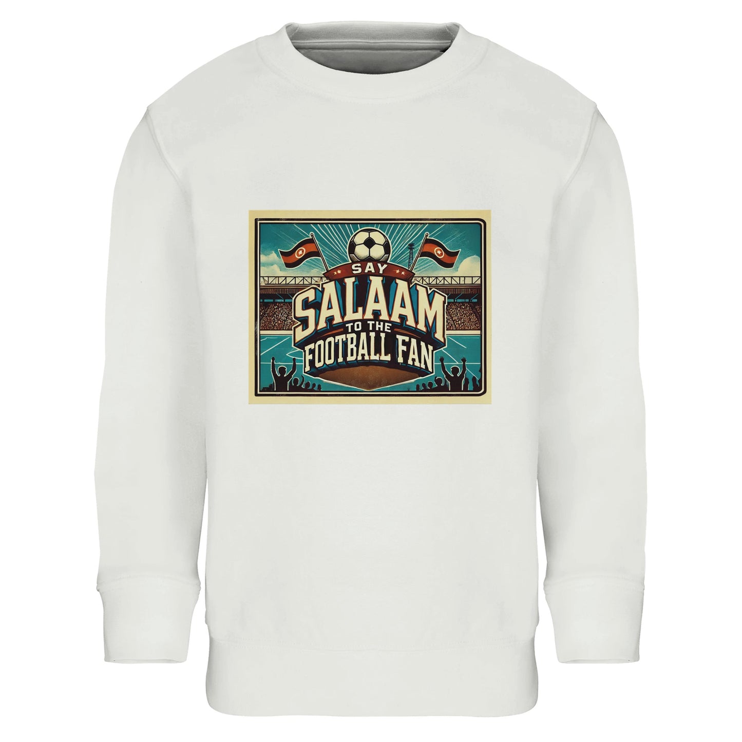 Say Salaam to the Football Fan Design #7 kids sweatshirt White / Platinum, featuring a vintage football stadium graphic with flags, crowd silhouettes and bold lettering inspired by classic match-day culture. Made from a soft cotton and recycled polyester blend, this cosy sweatshirt suits school days, kickabouts, travel and watching football at home. A modest, affordable and well-priced football sweatshirt for boys and girls aged 4–14, combining Muslim values, everyday comfort, durability and easy-care wear.