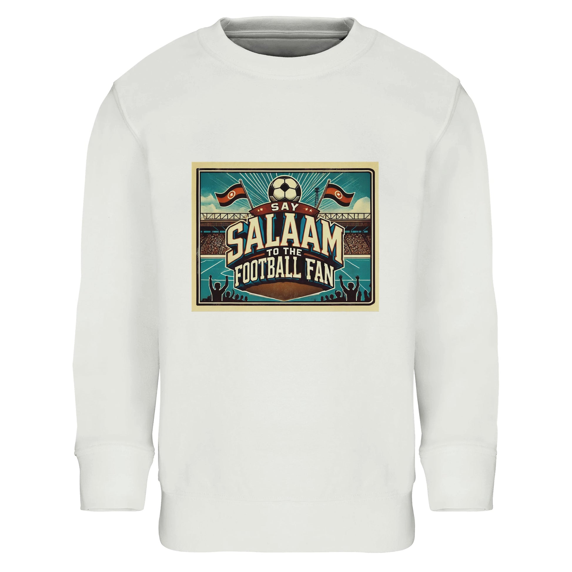 Say Salaam to the Football Fan Design #7 kids sweatshirt White / Platinum, featuring a vintage football stadium graphic with flags, crowd silhouettes and bold lettering inspired by classic match-day culture. Made from a soft cotton and recycled polyester blend, this cosy sweatshirt suits school days, kickabouts, travel and watching football at home. A modest, affordable and well-priced football sweatshirt for boys and girls aged 4–14, combining Muslim values, everyday comfort, durability and easy-care wear.