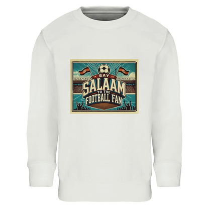 Say Salaam to the Football Fan Design #7 kids sweatshirt White / Platinum, featuring a vintage football stadium graphic with flags, crowd silhouettes and bold lettering inspired by classic match-day culture. Made from a soft cotton and recycled polyester blend, this cosy sweatshirt suits school days, kickabouts, travel and watching football at home. A modest, affordable and well-priced football sweatshirt for boys and girls aged 4–14, combining Muslim values, everyday comfort, durability and easy-care wear.
