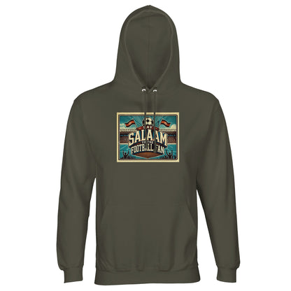 Say Salaam to the Football Fan Design #7 unisex hoodie in army / fuscous grey, combining bold lettering with illustrated stadium scenes, football motifs, terrace banners and cheering supporter silhouettes. Made from a durable cotton-poly blend with brushed fleece lining, this well-priced hoodie offers a muted everyday matchday look for travel, school wear and casual football culture styling. An affordable football hooded top for fans who prefer understated colour, practical streetwear and saying Salaam.