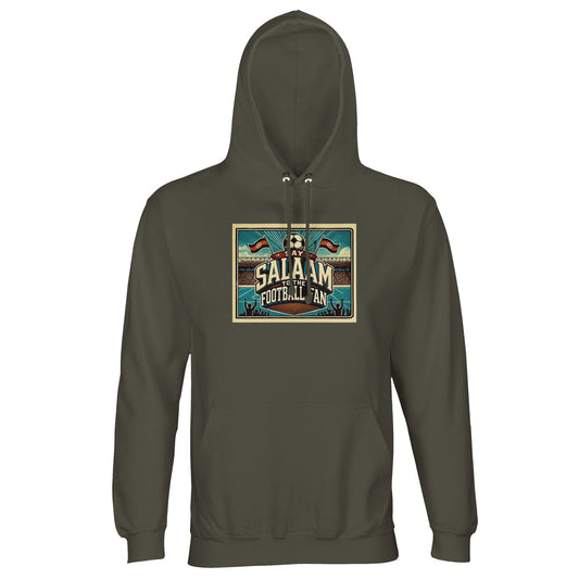Say Salaam to the Football Fan Design #7 unisex hoodie in army / fuscous grey, combining bold lettering with illustrated stadium scenes, football motifs, terrace banners and cheering supporter silhouettes. Made from a durable cotton-poly blend with brushed fleece lining, this well-priced hoodie offers a muted everyday matchday look for travel, school wear and casual football culture styling. An affordable football hooded top for fans who prefer understated colour, practical streetwear and saying Salaam.