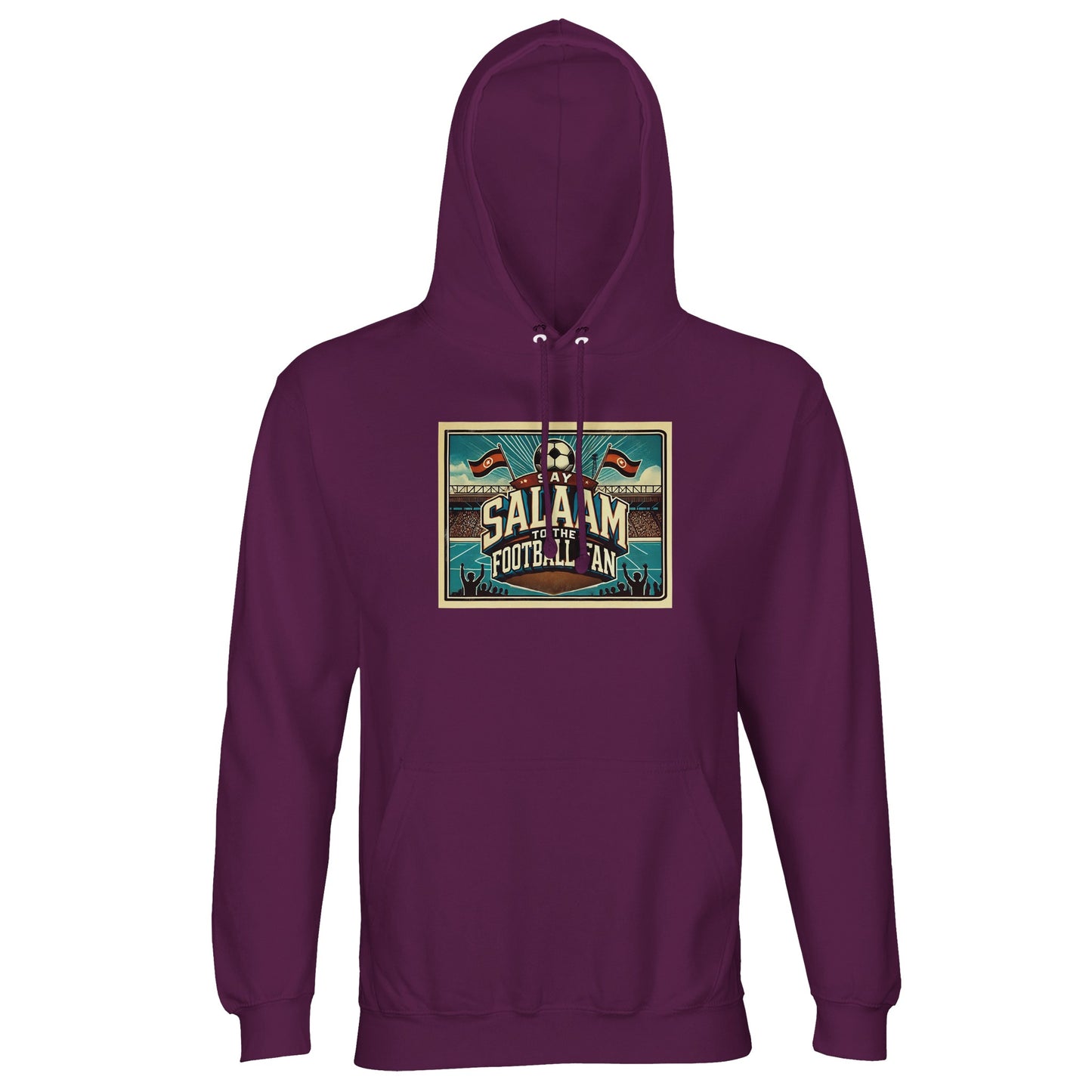 Say Salaam to the Football Fan Design #7 unisex hoodie in astral purple, also known as wine berry, combining retro football lettering with illustrated stadium scenes, pitch graphics and cheering crowd silhouettes. Made from a comfortable cotton-poly fabric with brushed fleece lining, this well-priced hoodie offers a distinctive look for casual wear, match days and football-inspired streetwear. An affordable football hoodie for fans who prefer deeper tones and saying Salaam their own way.
