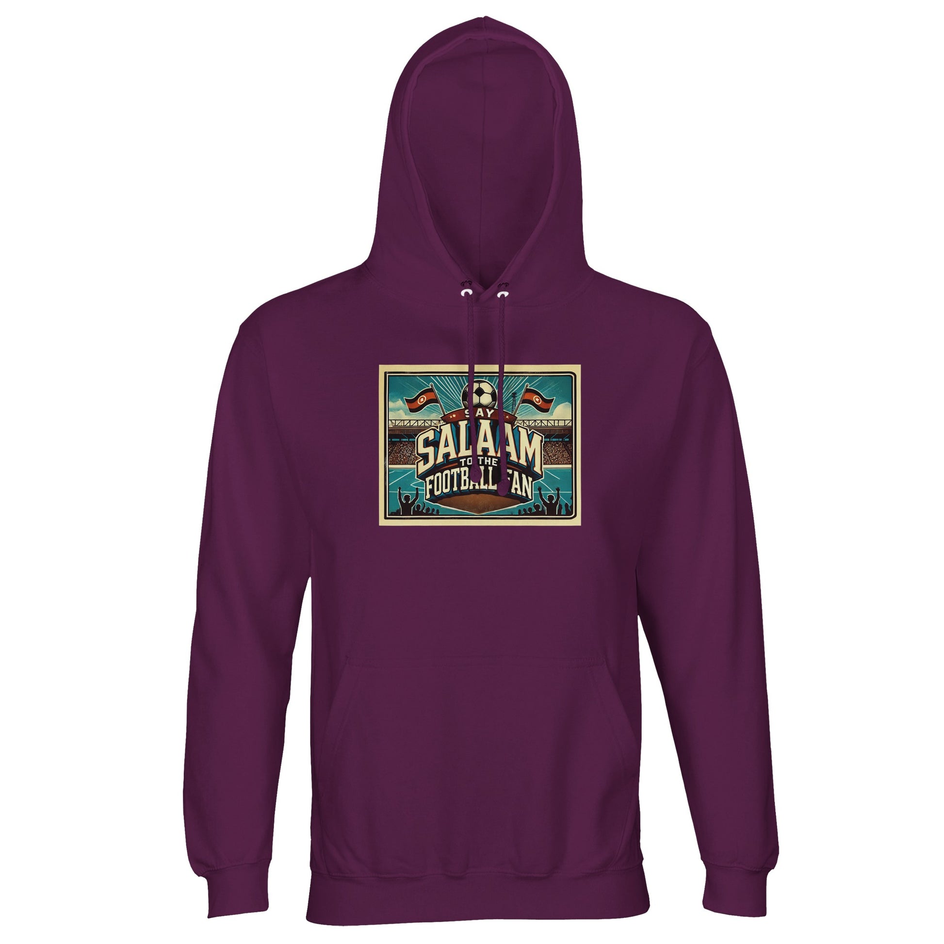 Say Salaam to the Football Fan Design #7 unisex hoodie in astral purple, also known as wine berry, combining retro football lettering with illustrated stadium scenes, pitch graphics and cheering crowd silhouettes. Made from a comfortable cotton-poly fabric with brushed fleece lining, this well-priced hoodie offers a distinctive look for casual wear, match days and football-inspired streetwear. An affordable football hoodie for fans who prefer deeper tones and saying Salaam their own way.