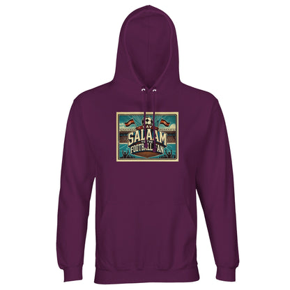 Say Salaam to the Football Fan Design #7 unisex hoodie in astral purple, also known as wine berry, combining retro football lettering with illustrated stadium scenes, pitch graphics and cheering crowd silhouettes. Made from a comfortable cotton-poly fabric with brushed fleece lining, this well-priced hoodie offers a distinctive look for casual wear, match days and football-inspired streetwear. An affordable football hoodie for fans who prefer deeper tones and saying Salaam their own way.