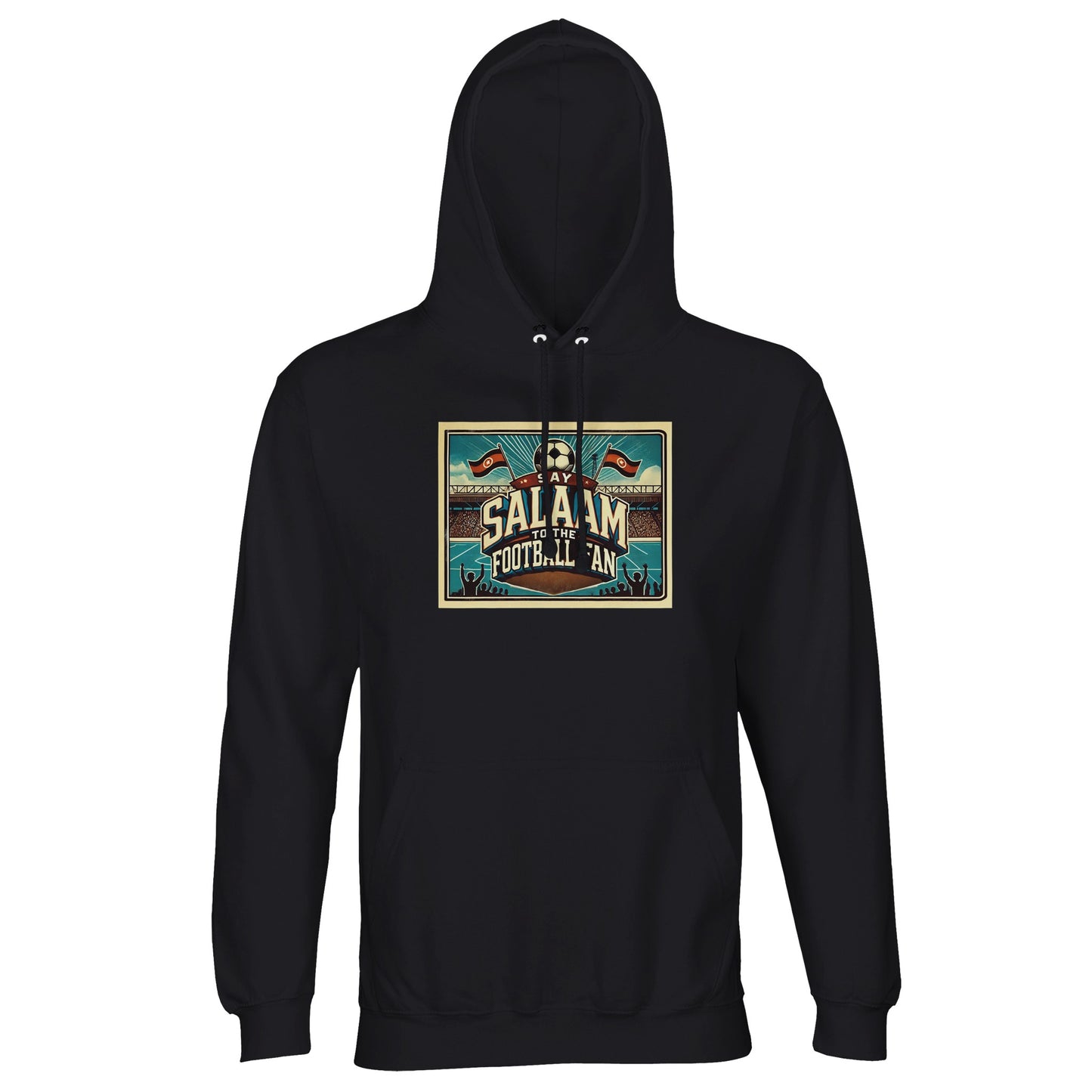 Say Salaam to the Football Fan Design #7 unisex hoodie in black, showcasing bold retro lettering, illustrated stadium artwork, football motifs, pitch graphics and cheering crowd silhouettes. Crafted from a durable cotton-poly blend with brushed fleece lining, this well-priced hoodie is easy to style for match days, travel and everyday football streetwear. An affordable football hoodie for fans who prefer classic black and saying Salaam confidently.