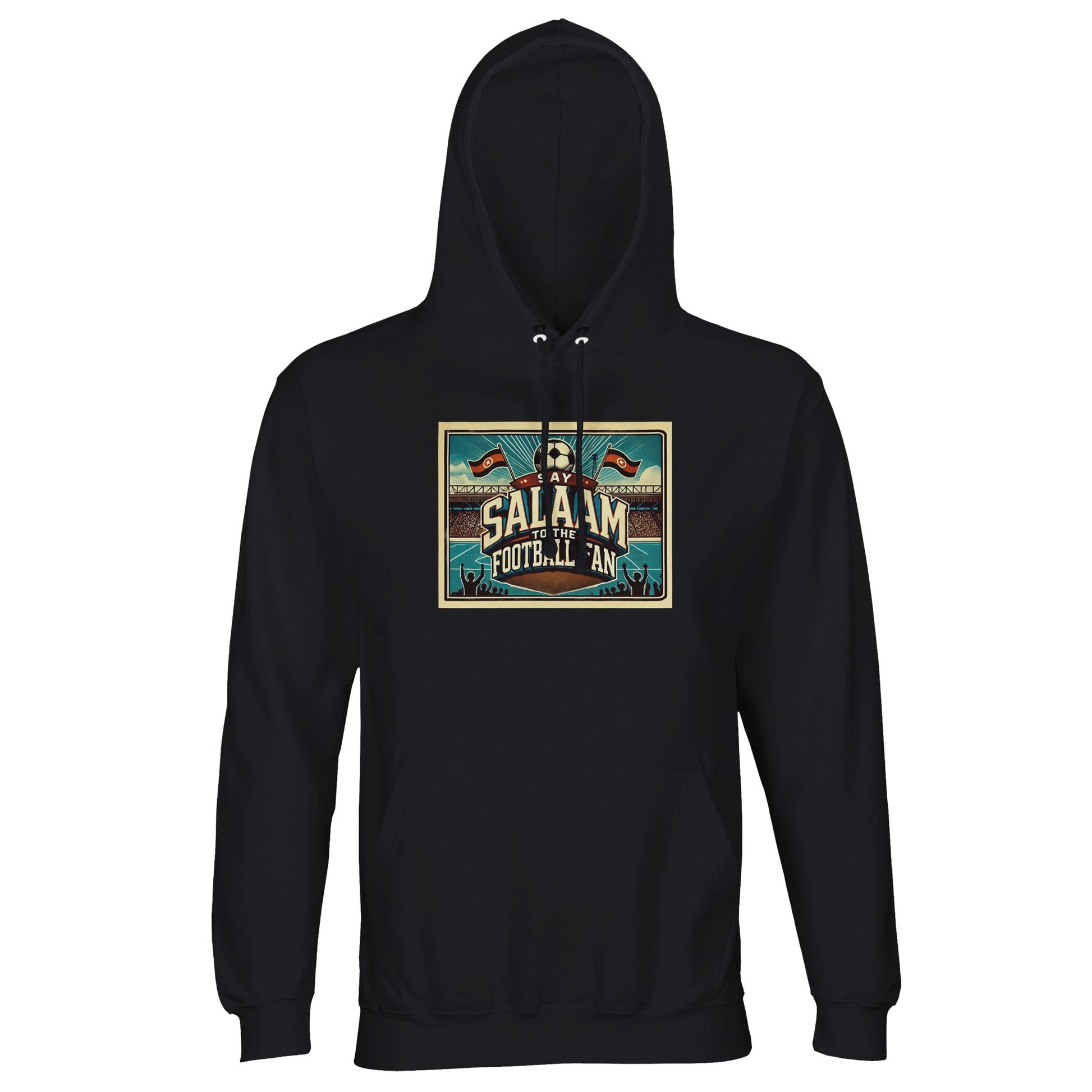 Say Salaam to the Football Fan Design #7 unisex hoodie in black, showcasing bold retro lettering, illustrated stadium artwork, football motifs, pitch graphics and cheering crowd silhouettes. Crafted from a durable cotton-poly blend with brushed fleece lining, this well-priced hoodie is easy to style for match days, travel and everyday football streetwear. An affordable football hoodie for fans who prefer classic black and saying Salaam confidently.