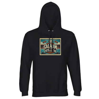 Say Salaam to the Football Fan Design #7 unisex hoodie in black, showcasing bold retro lettering, illustrated stadium artwork, football motifs, pitch graphics and cheering crowd silhouettes. Crafted from a durable cotton-poly blend with brushed fleece lining, this well-priced hoodie is easy to style for match days, travel and everyday football streetwear. An affordable football hoodie for fans who prefer classic black and saying Salaam confidently.