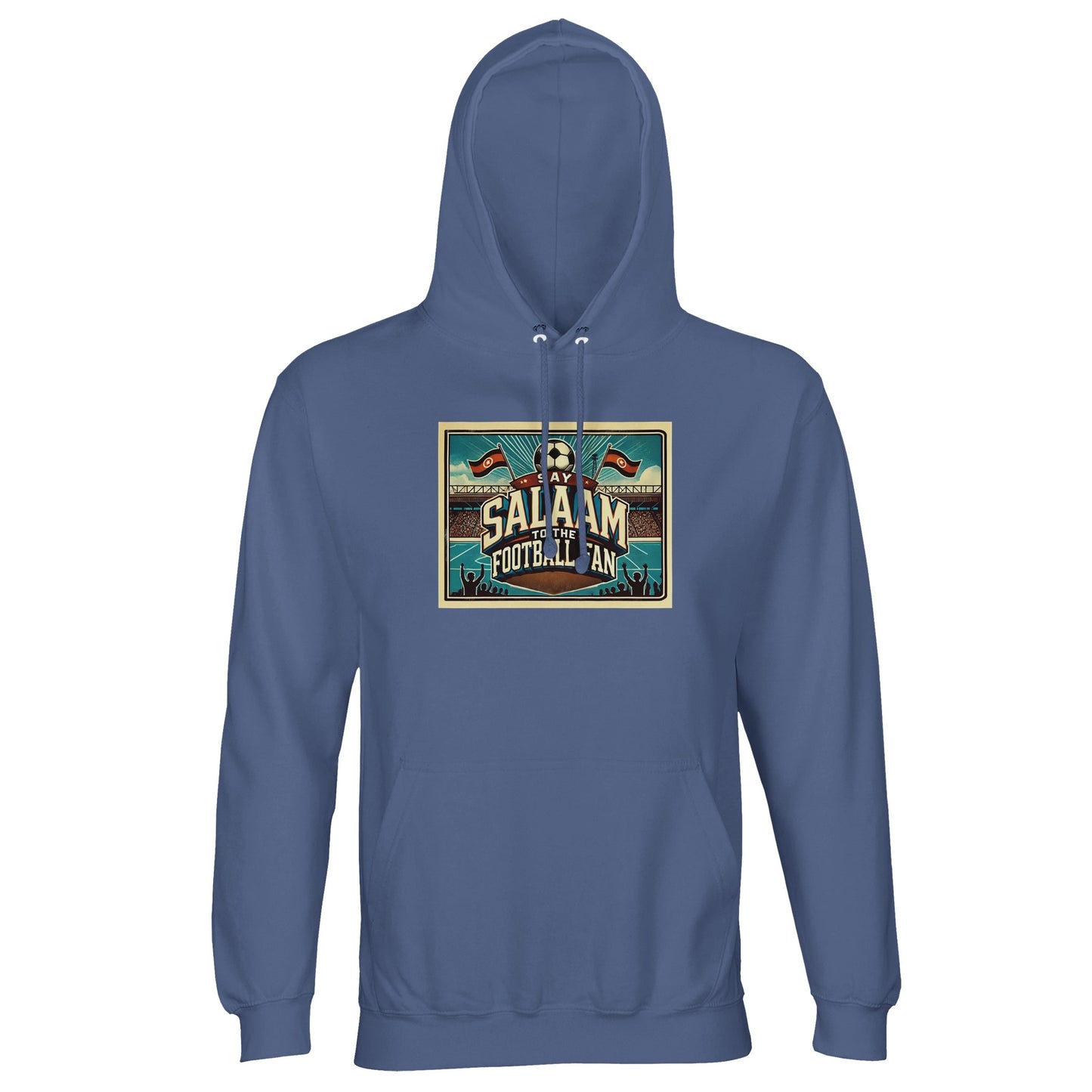 Say Salaam to the Football Fan Design #7 unisex hoodie Blue / Marble Blue / Blue-Grey / Waikawa Grey, featuring retro football lettering, illustrated stadium artwork, cheering crowds, pitch graphics and classic match-day energy. Finished in a soft cotton-poly blend with brushed fleece lining, this affordable hoodie suits travel to games, watching football at home, school runs and daily casual wear. A well-priced football hoodie for fans who follow league football closely and say Salaam with pride.