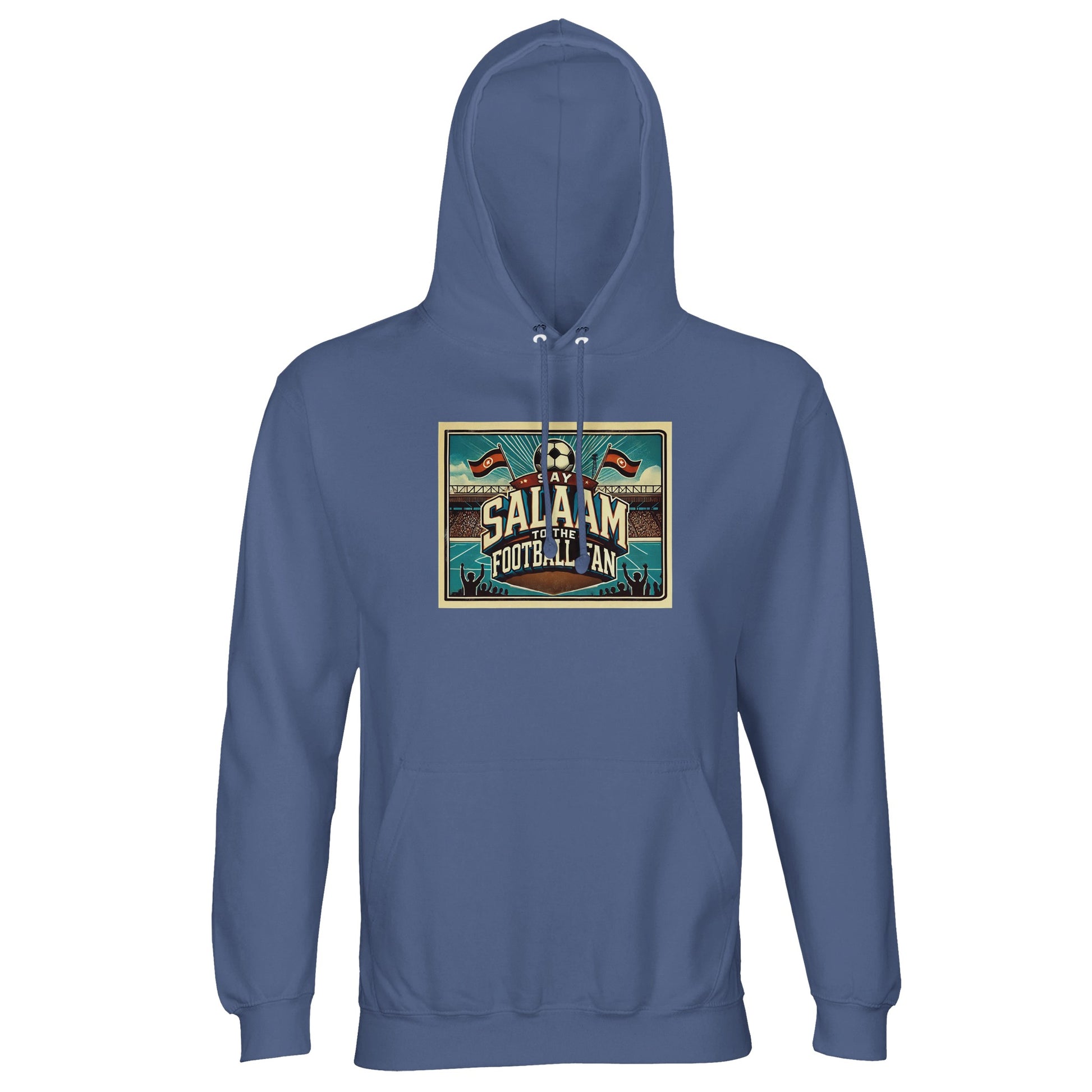 Say Salaam to the Football Fan Design #7 unisex hoodie Blue / Marble Blue / Blue-Grey / Waikawa Grey, featuring retro football lettering, illustrated stadium artwork, cheering crowds, pitch graphics and classic match-day energy. Finished in a soft cotton-poly blend with brushed fleece lining, this affordable hoodie suits travel to games, watching football at home, school runs and daily casual wear. A well-priced football hoodie for fans who follow league football closely and say Salaam with pride.