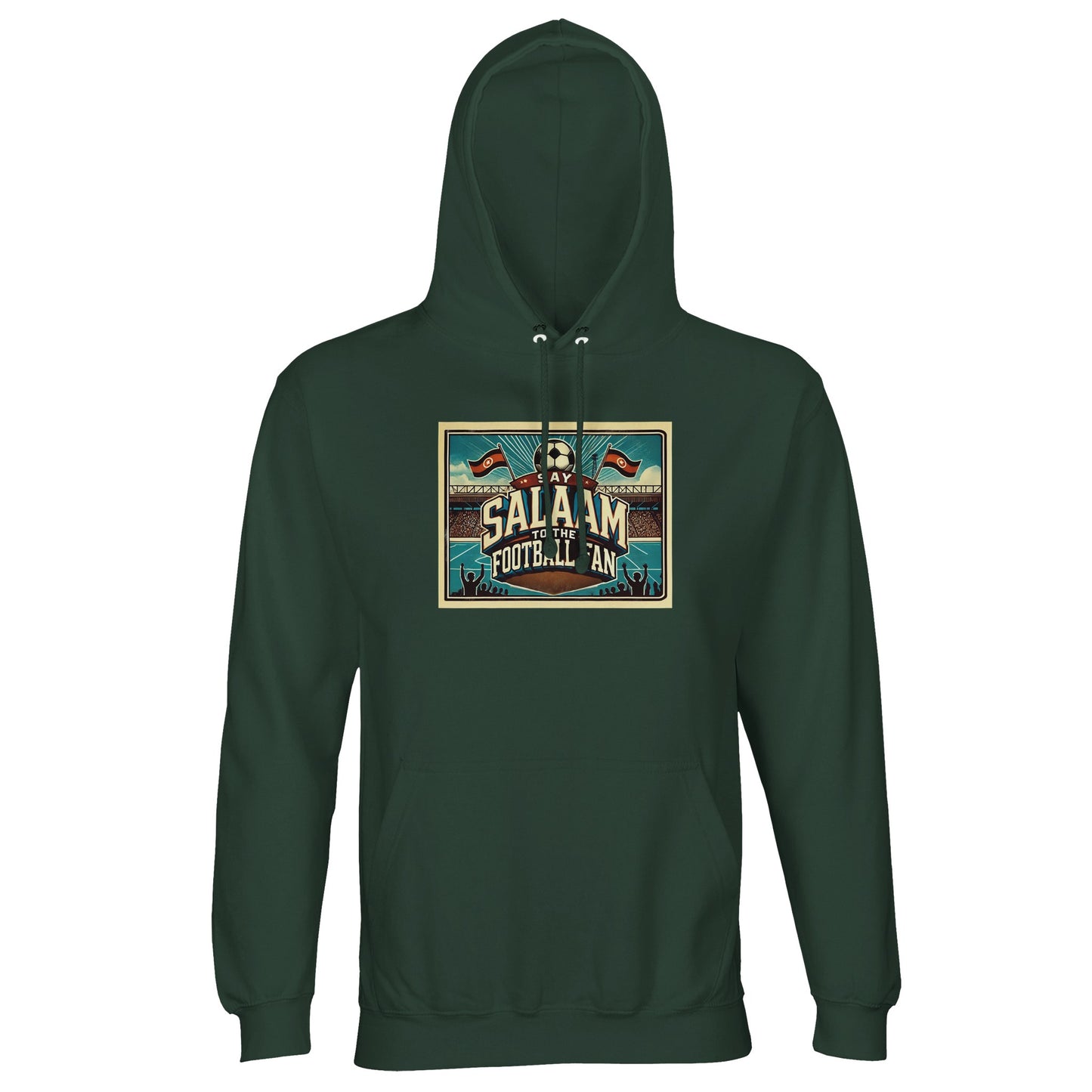 Say Salaam to the Football Fan Design #7 unisex hoodie in bottle green, also known as outer space, finished with bold typography, illustrated stands, waving flags, football iconography and supporter silhouettes. Made from a cosy cotton-poly blend with brushed fleece lining, this well-priced hoodie works for match days, stadium travel, casual wear and football-focused street style. An affordable football hoodie for fans who favour deep green tones, terrace tradition and saying Salaam proudly.