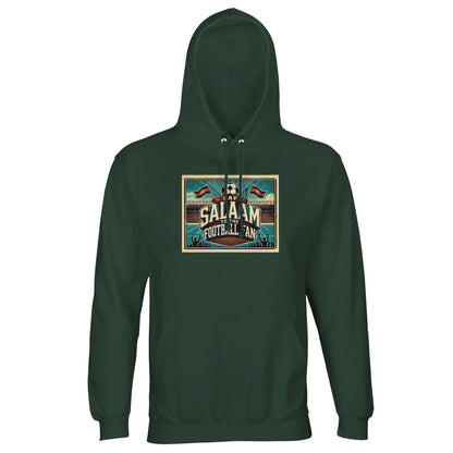 Say Salaam to the Football Fan Design #7 unisex hoodie in bottle green, also known as outer space, finished with bold typography, illustrated stands, waving flags, football iconography and supporter silhouettes. Made from a cosy cotton-poly blend with brushed fleece lining, this well-priced hoodie works for match days, stadium travel, casual wear and football-focused street style. An affordable football hoodie for fans who favour deep green tones, terrace tradition and saying Salaam proudly.