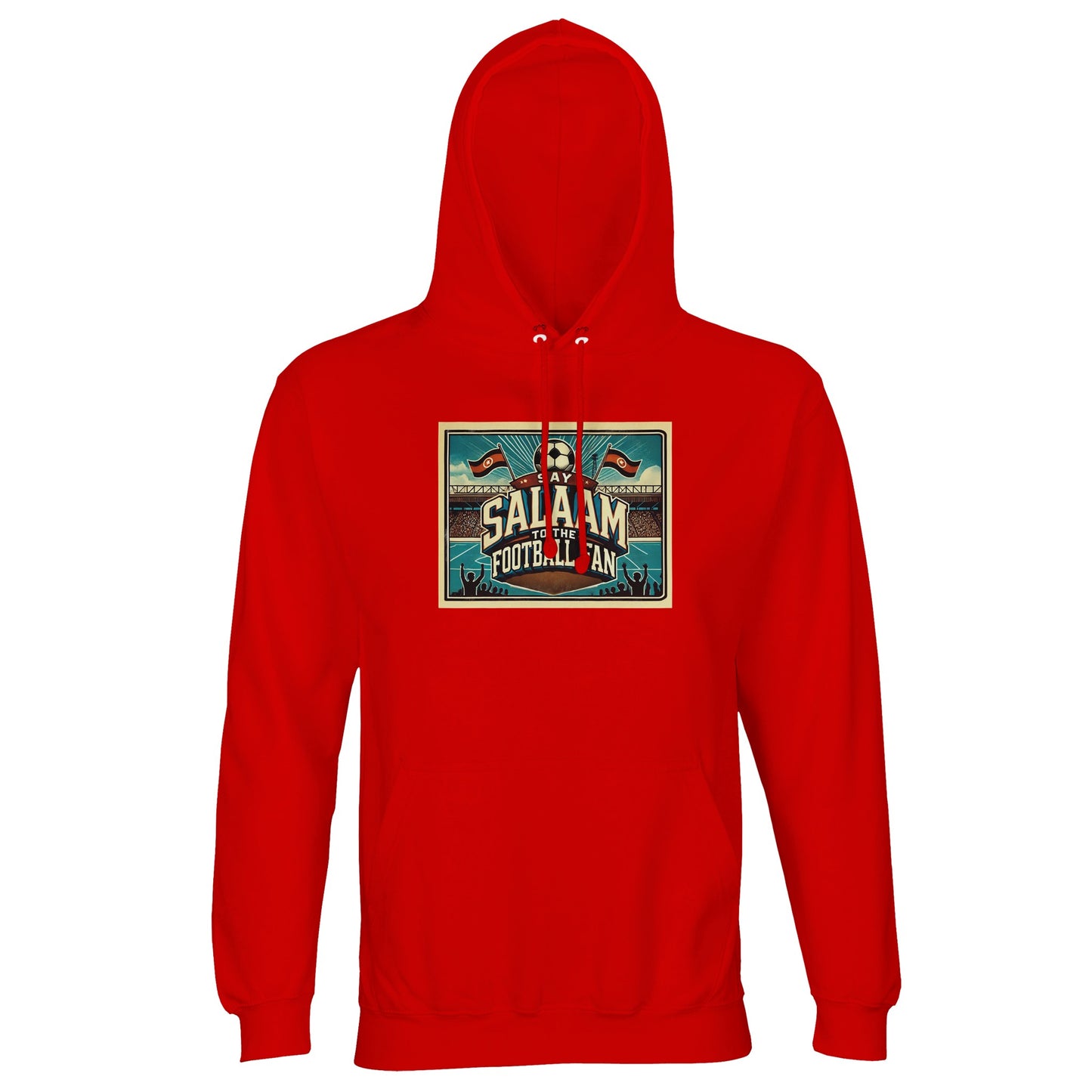 Say Salaam to the Football Fan Design #7 unisex hoodie in bright red, also known as rosso corsa, featuring striking block lettering, illustrated stadium scenes, football graphics, flags and cheering crowds. Crafted from a soft cotton-poly blend with brushed fleece lining, this affordable hoodie brings energy to match-day outfits while staying comfortable for everyday wear. A well-priced football hoodie for fans who love bold colour, high-tempo football culture and saying Salaam with passion.