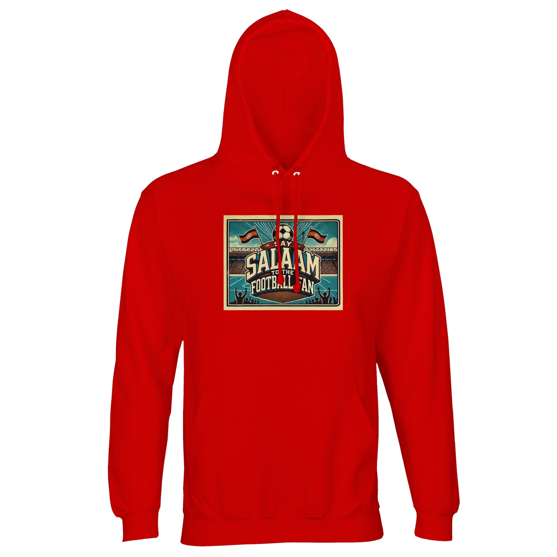 Say Salaam to the Football Fan Design #7 unisex hoodie in bright red, also known as rosso corsa, featuring striking block lettering, illustrated stadium scenes, football graphics, flags and cheering crowds. Crafted from a soft cotton-poly blend with brushed fleece lining, this affordable hoodie brings energy to match-day outfits while staying comfortable for everyday wear. A well-priced football hoodie for fans who love bold colour, high-tempo football culture and saying Salaam with passion.