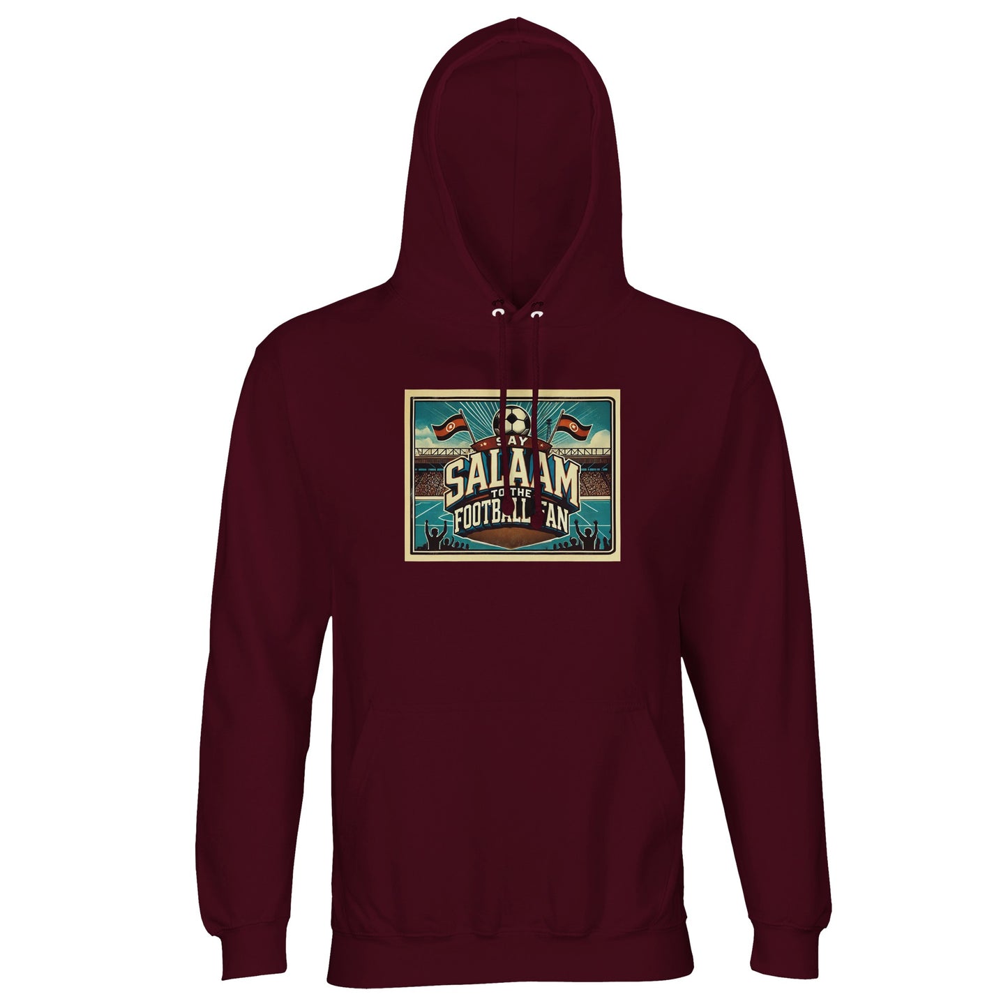 Say Salaam to the Football Fan Design #7 unisex hoodie in burgundy, also known as dark sienna, featuring bold football typography, illustrated stadium scenes, waving flags and animated supporter silhouettes. Made from a soft cotton-poly blend with brushed fleece lining, this affordable hoodie adds depth to match-day outfits while staying comfortable for everyday wear. A well-priced football hoodie for fans who enjoy rich colour, terrace culture and saying Salaam in style.