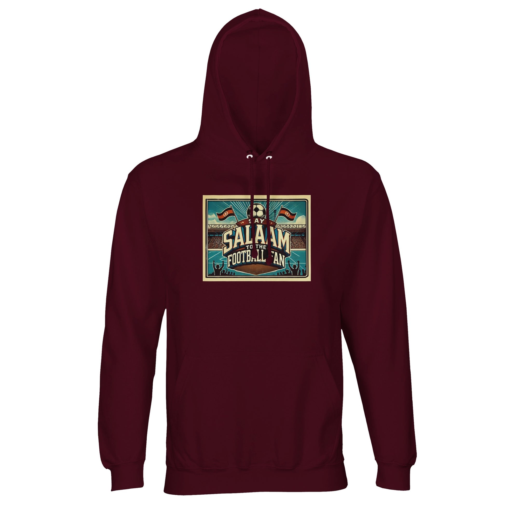 Say Salaam to the Football Fan Design #7 unisex hoodie in burgundy, also known as dark sienna, featuring bold football typography, illustrated stadium scenes, waving flags and animated supporter silhouettes. Made from a soft cotton-poly blend with brushed fleece lining, this affordable hoodie adds depth to match-day outfits while staying comfortable for everyday wear. A well-priced football hoodie for fans who enjoy rich colour, terrace culture and saying Salaam in style.