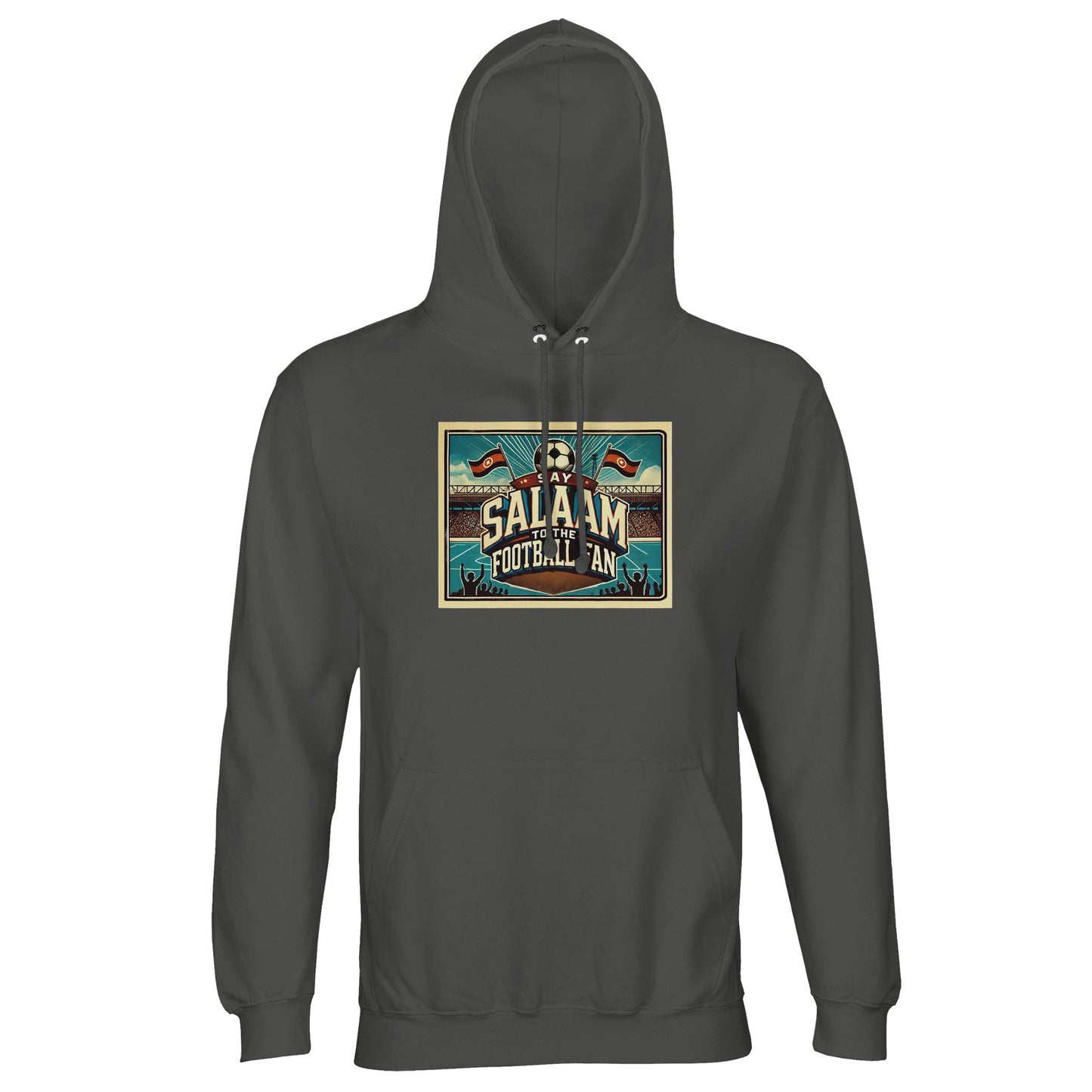 Say Salaam to the Football Fan Design #7 unisex hoodie in charcoal melange, also known as marl grey, featuring retro football typography, illustrated crowd scenes, stadium details, pitch markings and classic soccer atmosphere. Crafted from a soft cotton-poly fabric with brushed fleece lining, this affordable hoodie is easy to wear across seasons, match days and everyday routines. A well-priced football hoodie for fans who favour neutral tones, modest comfort and saying Salaam effortlessly.