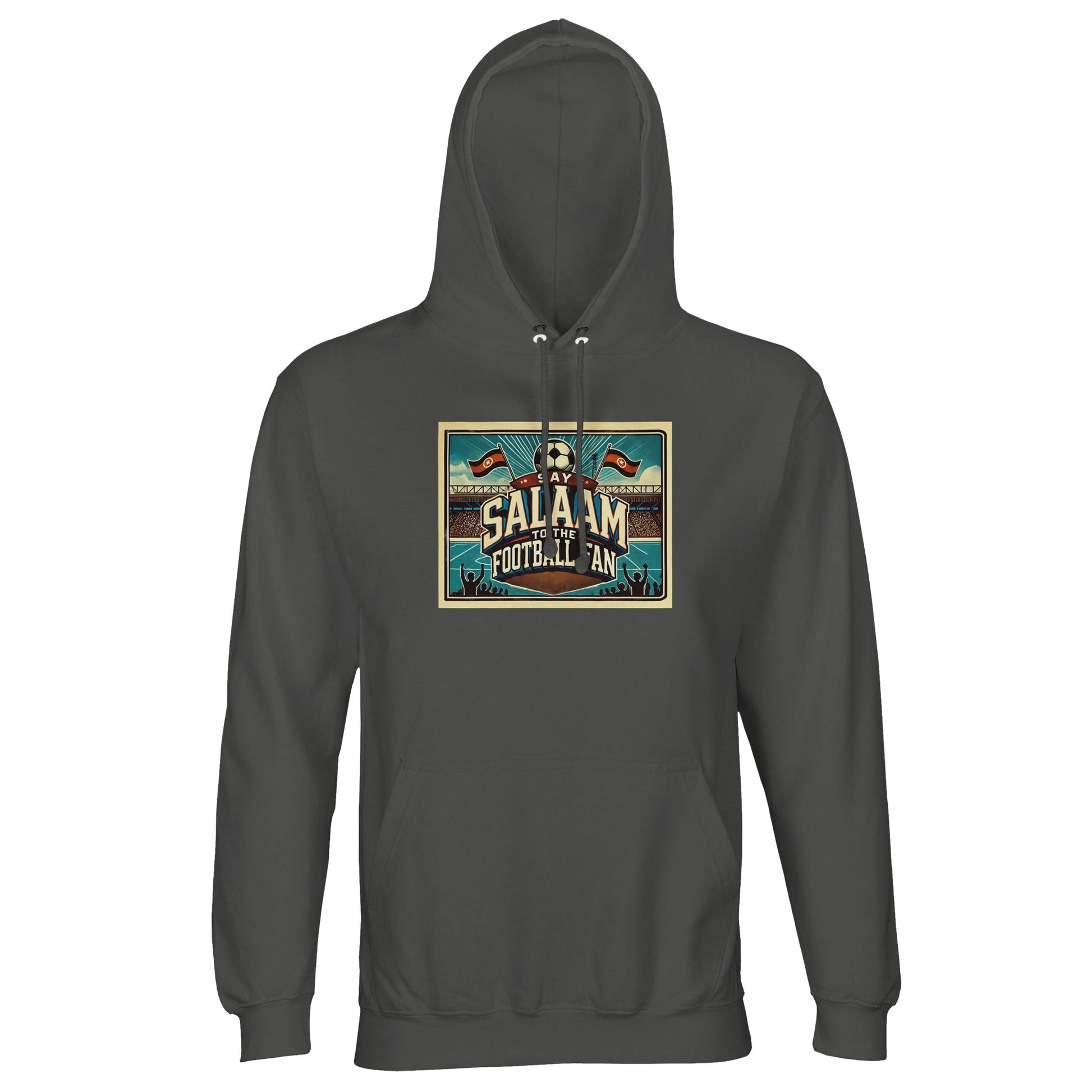 Say Salaam to the Football Fan Design #7 unisex hoodie in charcoal melange, also known as marl grey, featuring retro football typography, illustrated crowd scenes, stadium details, pitch markings and classic soccer atmosphere. Crafted from a soft cotton-poly fabric with brushed fleece lining, this affordable hoodie is easy to wear across seasons, match days and everyday routines. A well-priced football hoodie for fans who favour neutral tones, modest comfort and saying Salaam effortlessly.