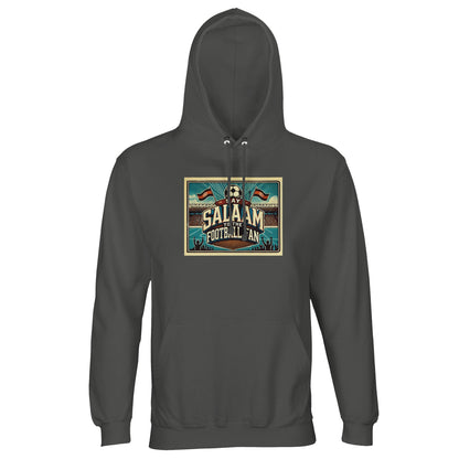 Say Salaam to the Football Fan Design #7 unisex hoodie in charcoal melange, also known as marl grey, featuring retro football typography, illustrated crowd scenes, stadium details, pitch markings and classic soccer atmosphere. Crafted from a soft cotton-poly fabric with brushed fleece lining, this affordable hoodie is easy to wear across seasons, match days and everyday routines. A well-priced football hoodie for fans who favour neutral tones, modest comfort and saying Salaam effortlessly.