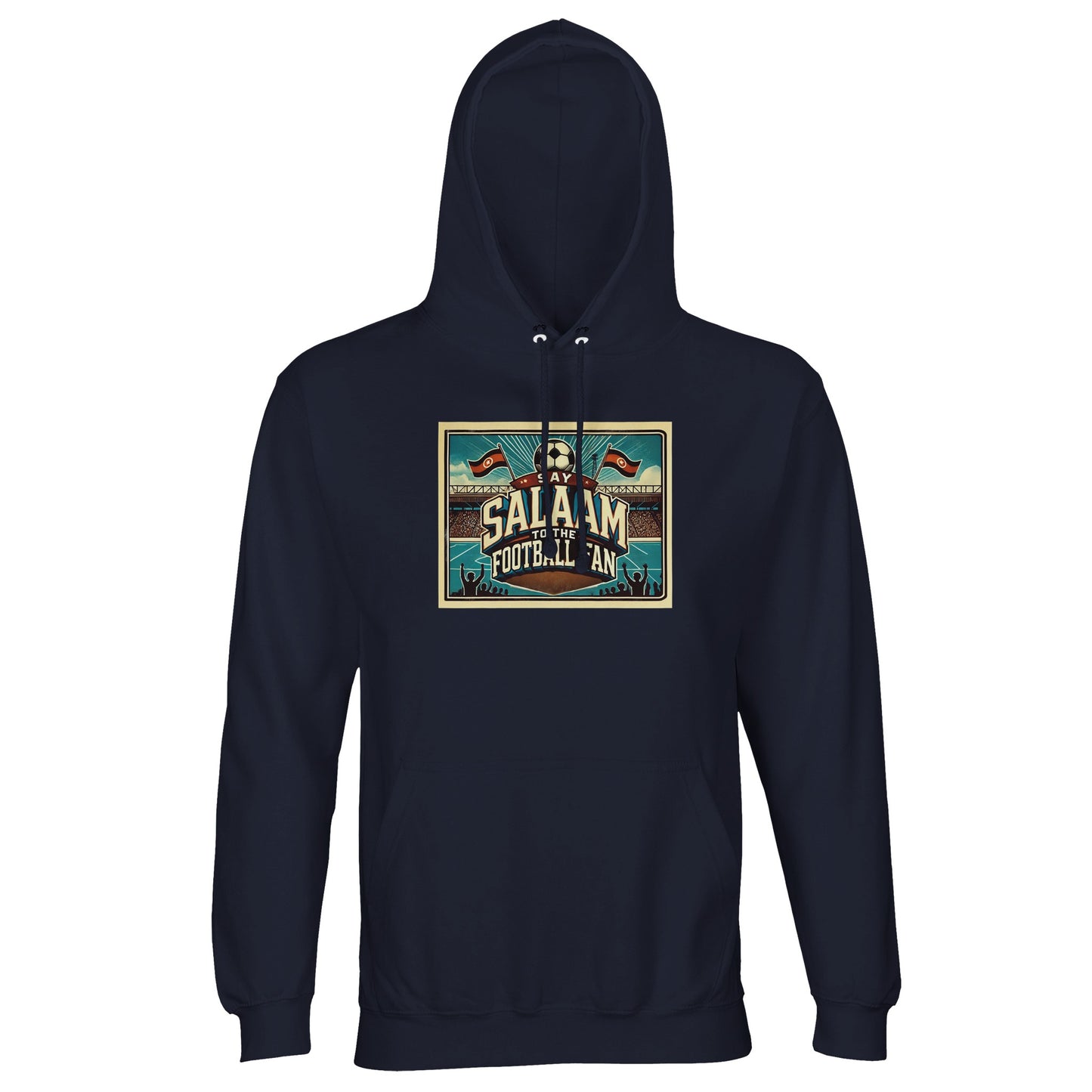 Say Salaam to the Football Fan Design #7 unisex hoodie in french navy, also referred to as ebony clay, featuring classic football typography, illustrated stands, waving flags, pitch layouts and supporter silhouettes. Finished in a soft cotton-poly blend with brushed fleece lining, this affordable hoodie suits match days, stadium travel and everyday casual wear. A well-priced football hoodie for fans who favour timeless dark colours, league football culture and saying Salaam with pride.