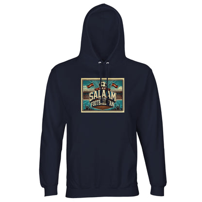 Say Salaam to the Football Fan Design #7 unisex hoodie in french navy, also referred to as ebony clay, featuring classic football typography, illustrated stands, waving flags, pitch layouts and supporter silhouettes. Finished in a soft cotton-poly blend with brushed fleece lining, this affordable hoodie suits match days, stadium travel and everyday casual wear. A well-priced football hoodie for fans who favour timeless dark colours, league football culture and saying Salaam with pride.