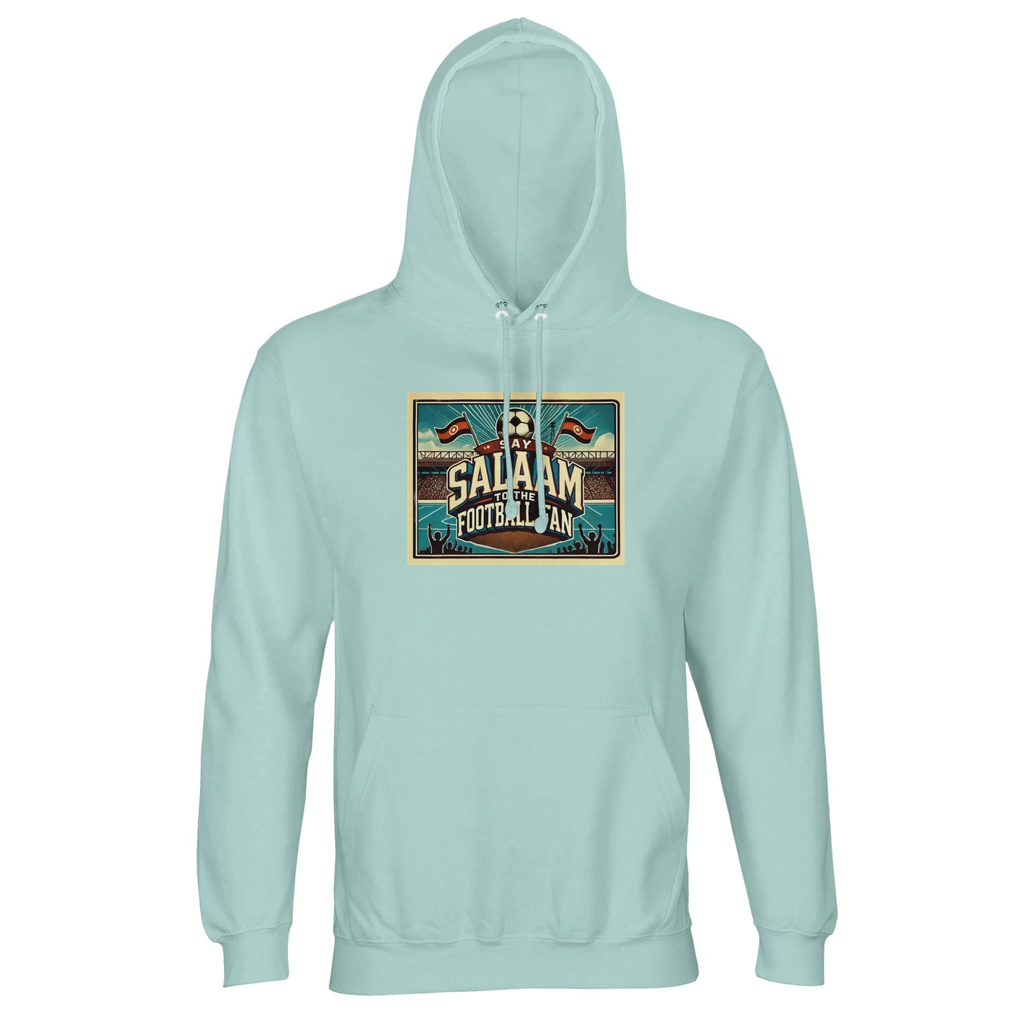 Arctic Blue / Cadet Blue Say Salaam to the Football Fan Design #7 hoodie combines cool blue tones with a heritage stadium graphic for relaxed supporter style. Designed for adults, this lightweight cotton-poly hoodie fits seamlessly into modest Muslim streetwear wardrobes. Comfortable for long days out, watching matches, or travelling, it balances visual interest with everyday wearability. A well-priced football hoodie for fans who prefer calm colours, practical comfort, and a message rooted in Salaam.